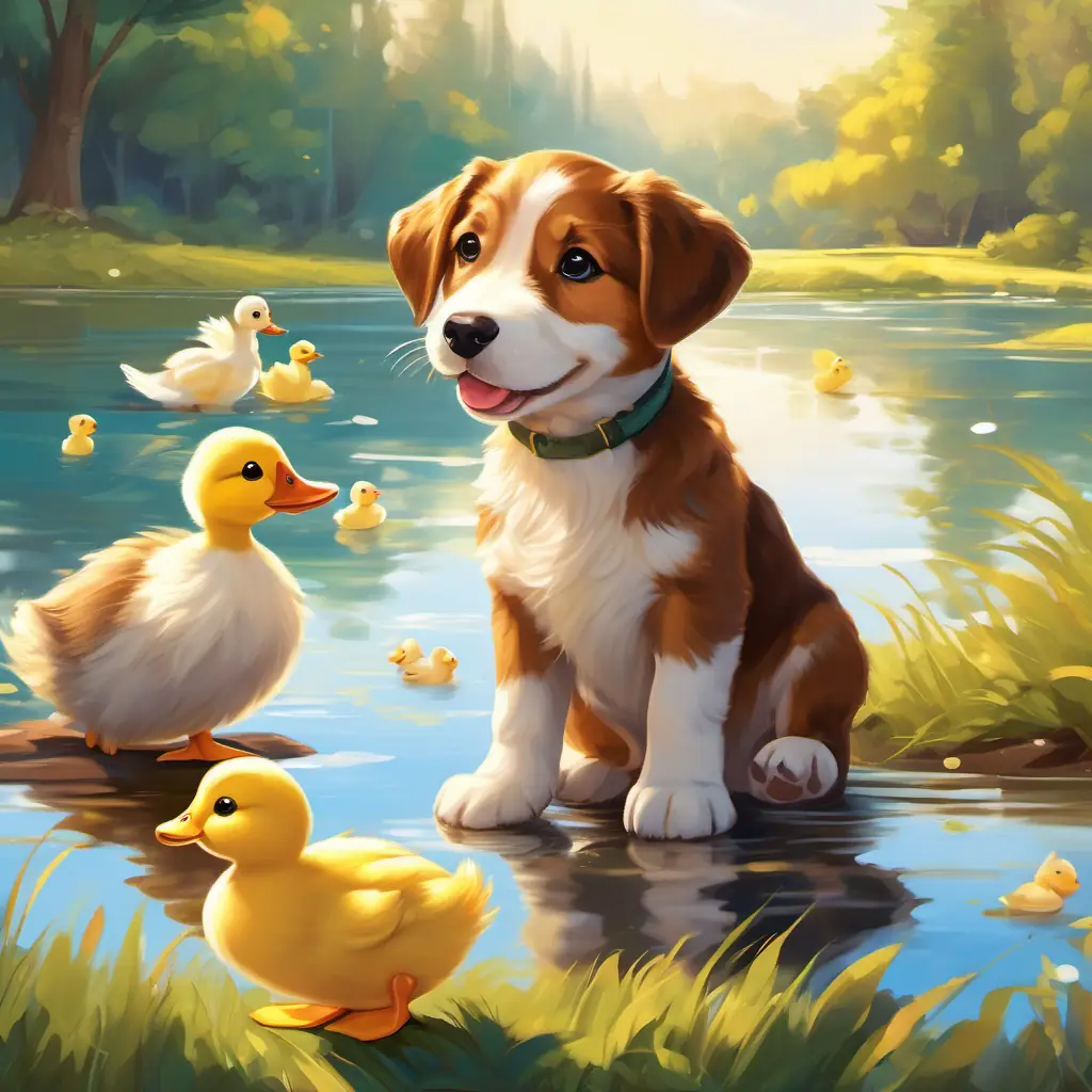 A brown and white playful puppy with sparkling brown eyes, the duckling, and the duck parents reunite by the sparkling lake, with big smiles and wagging tails.