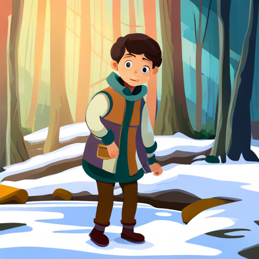 A boy with golden skin, brave and kind-hearted. finds a wardrobe in the middle of a snowy forest
