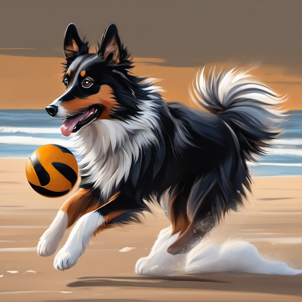 Lundehunden, black and white fur, curious and brave and Tervueren, brown fur and loving eyes, loyal friend chasing a ball on the beach