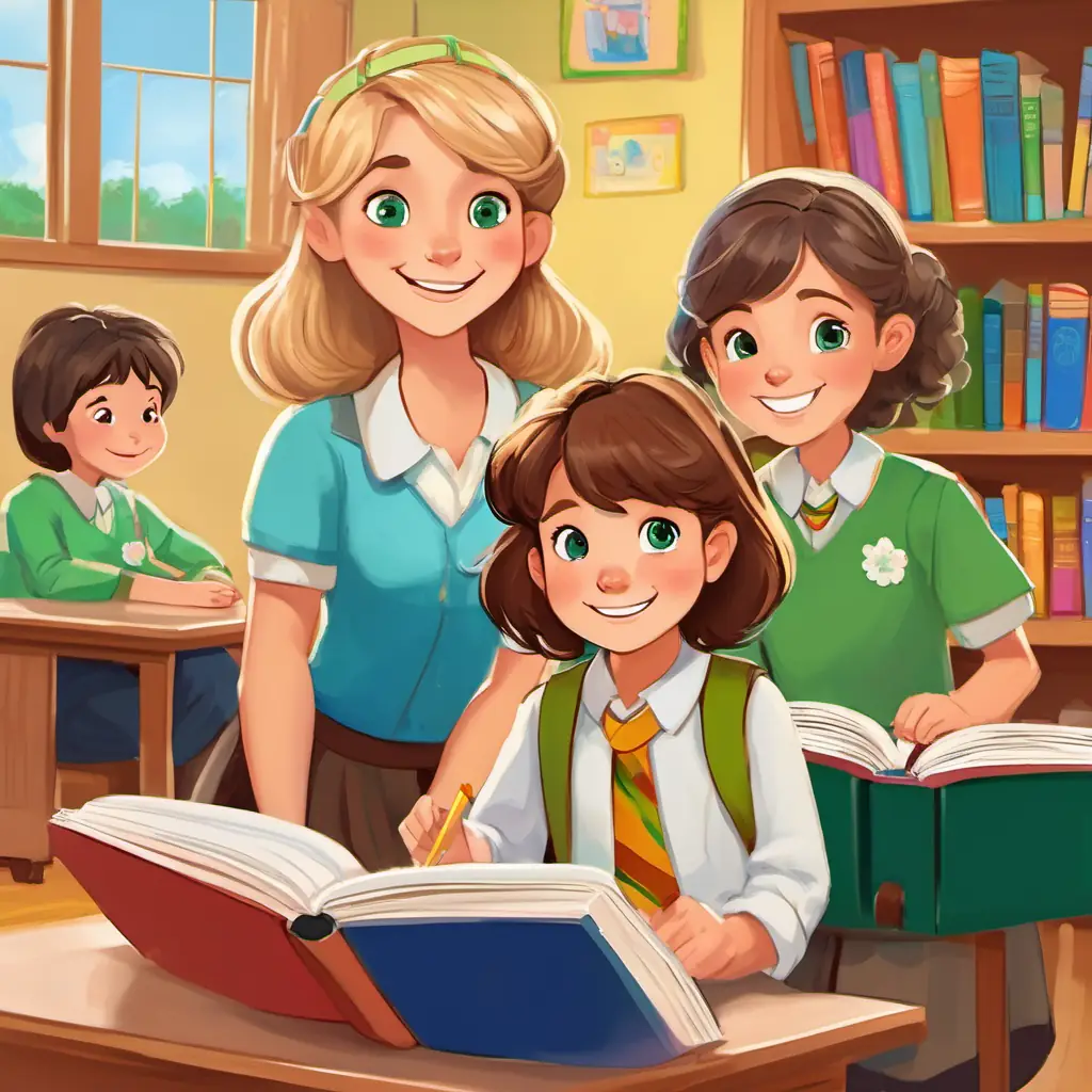 Sam has short brown hair, blue eyes, and a big smile and Lily has long blonde hair, green eyes, and a cheerful expression sitting in their classroom, listening to their teacher Miss Clara. The classroom is colorful and filled with books and posters about health.