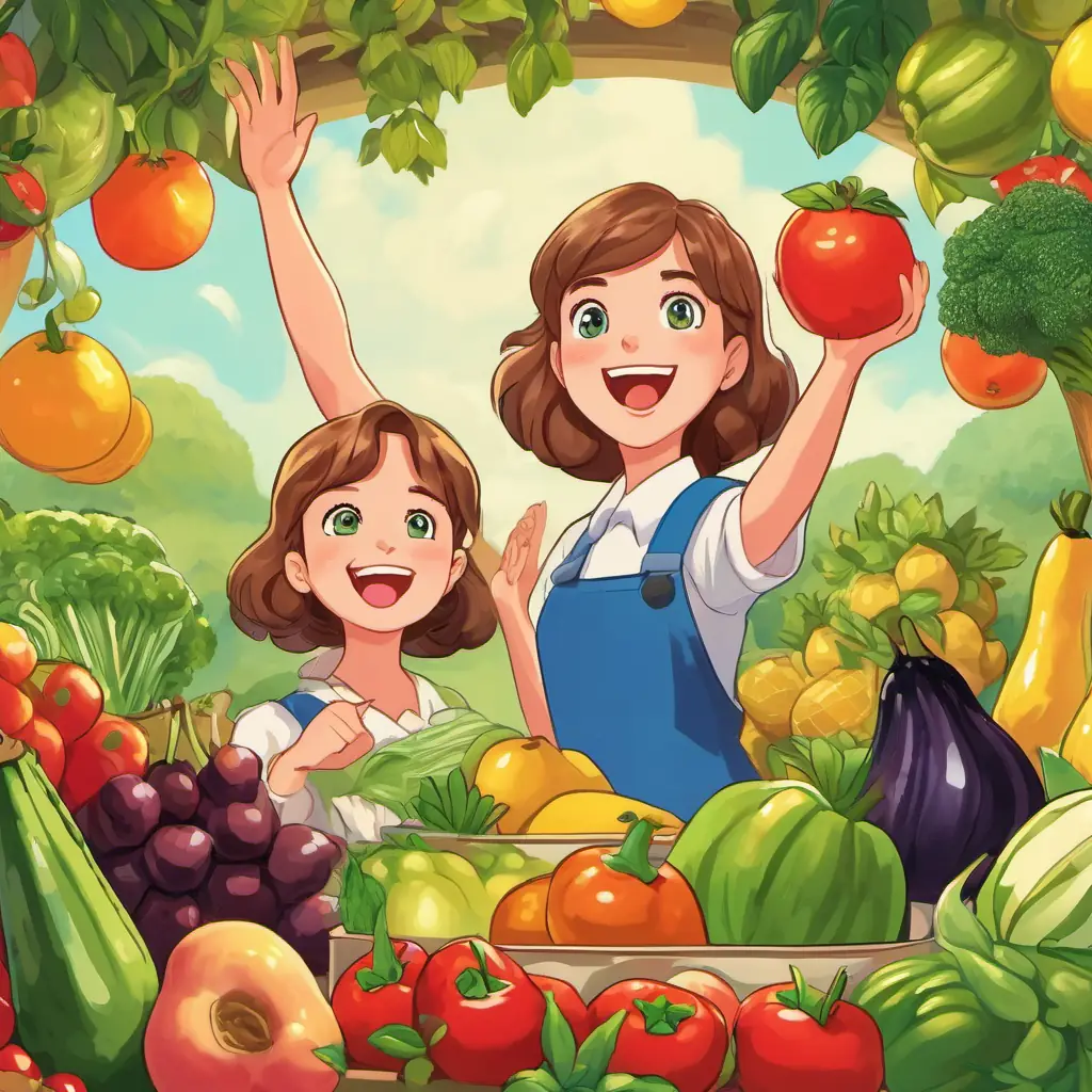 Miss Clara showing pictures of fruits and vegetables on a large screen. Sam has short brown hair, blue eyes, and a big smile and Lily has long blonde hair, green eyes, and a cheerful expression looking excited and raising their hands.