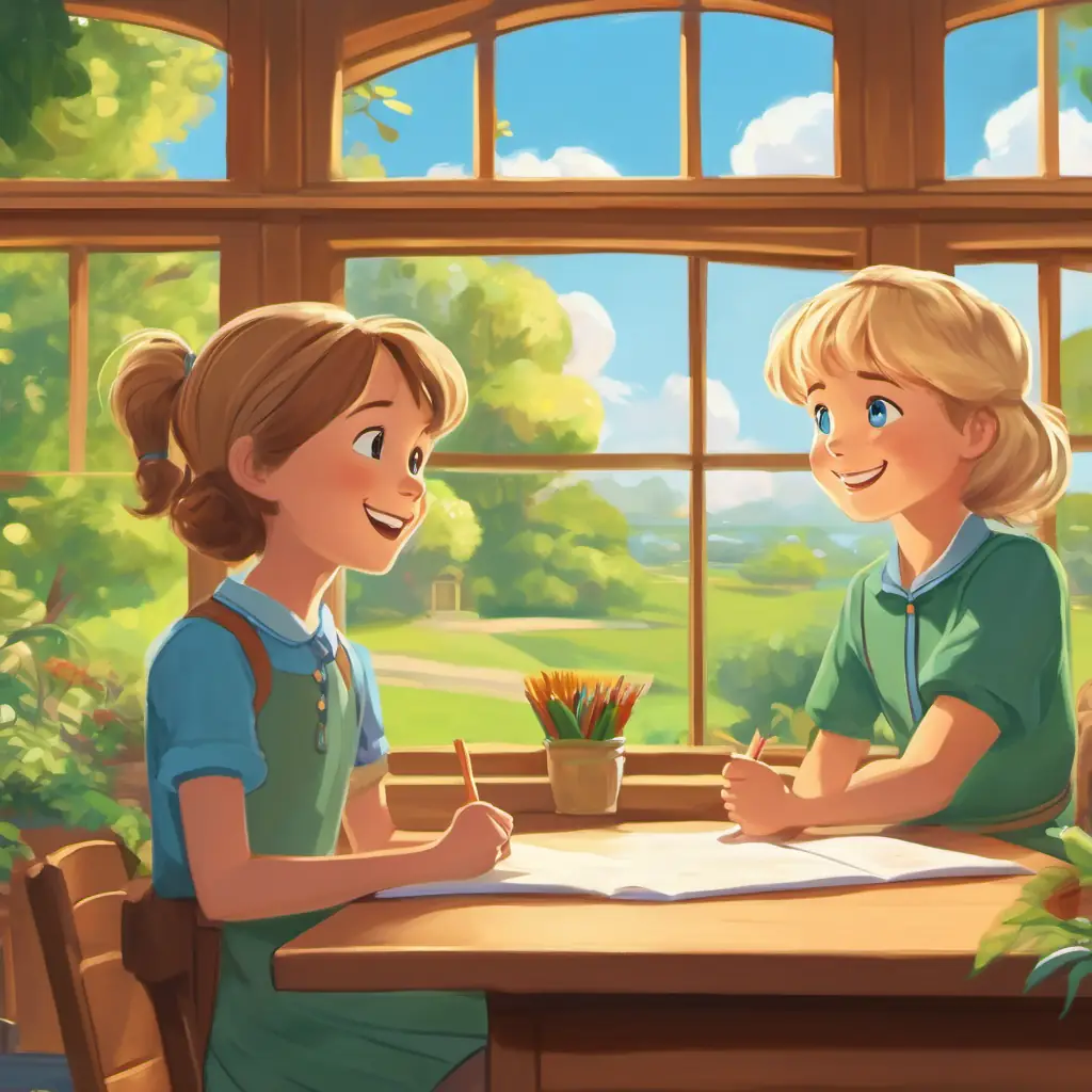 Miss Clara demonstrating different exercises while Sam has short brown hair, blue eyes, and a big smile and Lily has long blonde hair, green eyes, and a cheerful expression nodding and smiling. The classroom window shows a sunny park outside.