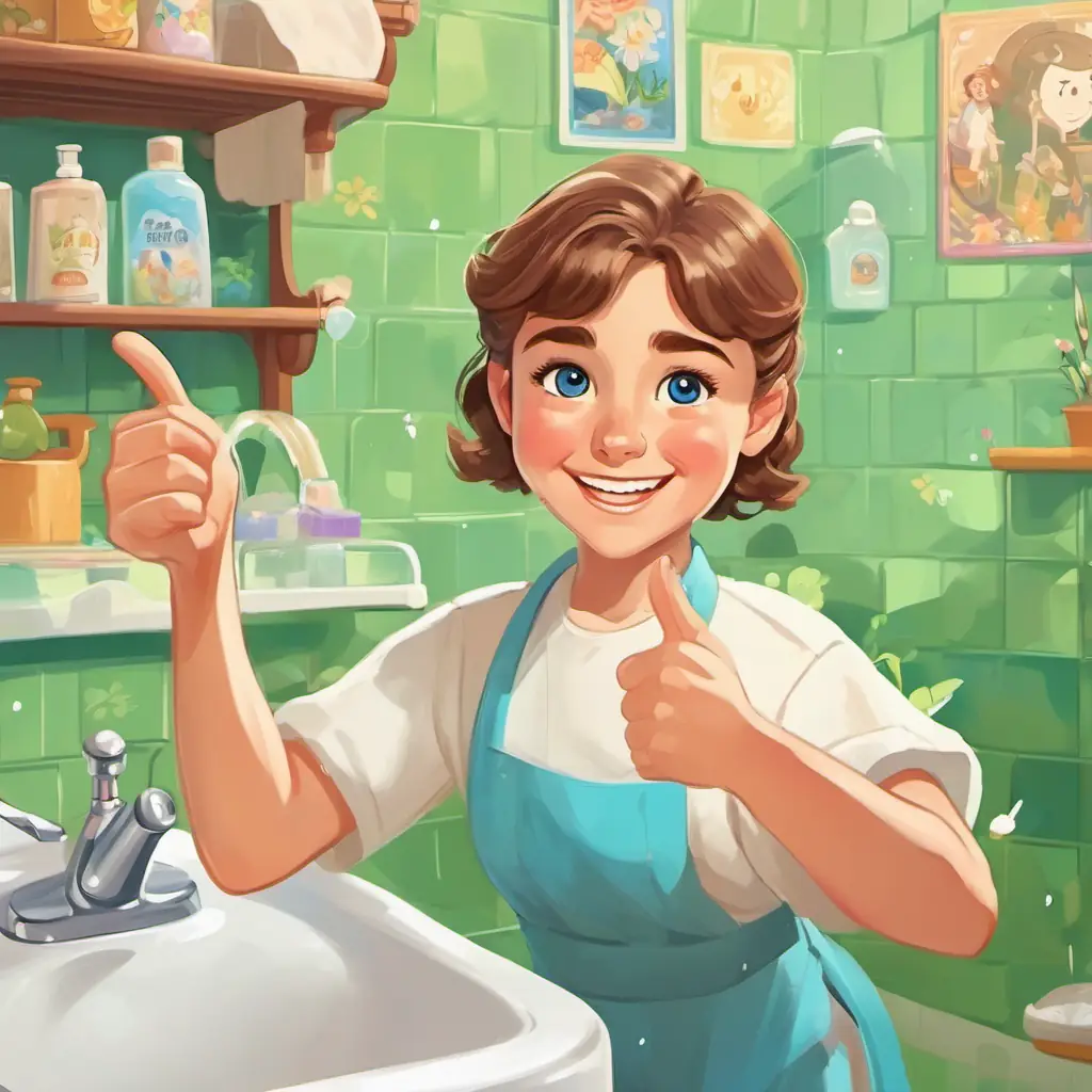 Miss Clara pointing to a poster with pictures of washing hands, brushing teeth, and taking a bath. Sam has short brown hair, blue eyes, and a big smile and Lily has long blonde hair, green eyes, and a cheerful expression showing thumbs up with big smiles.