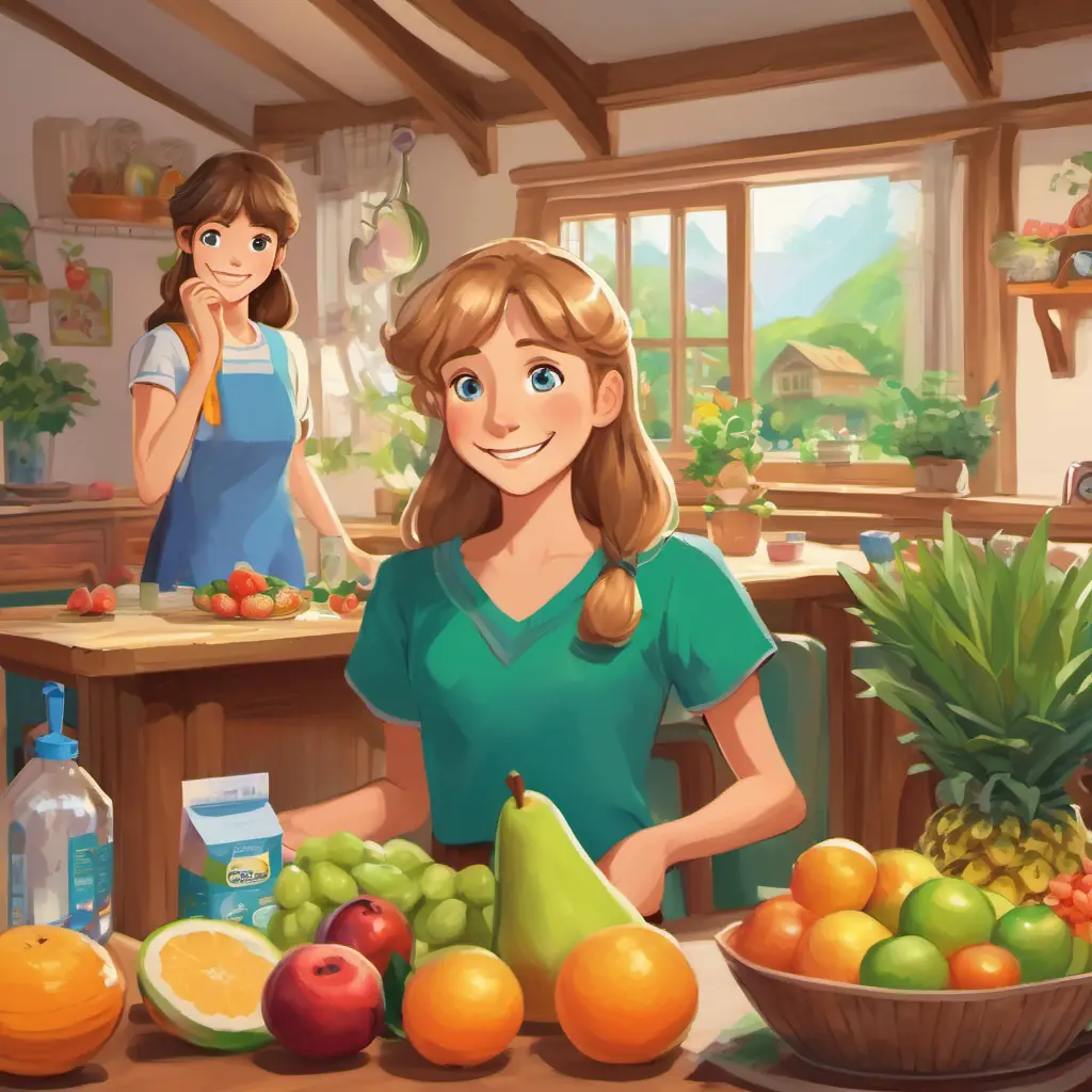 Sam has short brown hair, blue eyes, and a big smile and Lily has long blonde hair, green eyes, and a cheerful expression excitedly talking to their families at home, with fruits, sports equipment, and personal hygiene products visible on the table.