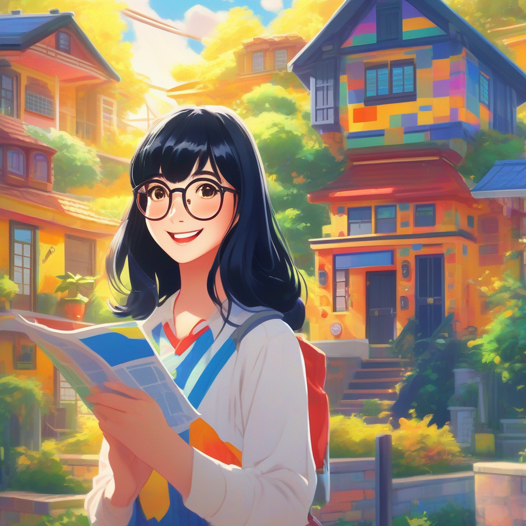 Black hair, glasses, anime-themed shirt, joyful expression with blueprints, colorful house model, sunny background