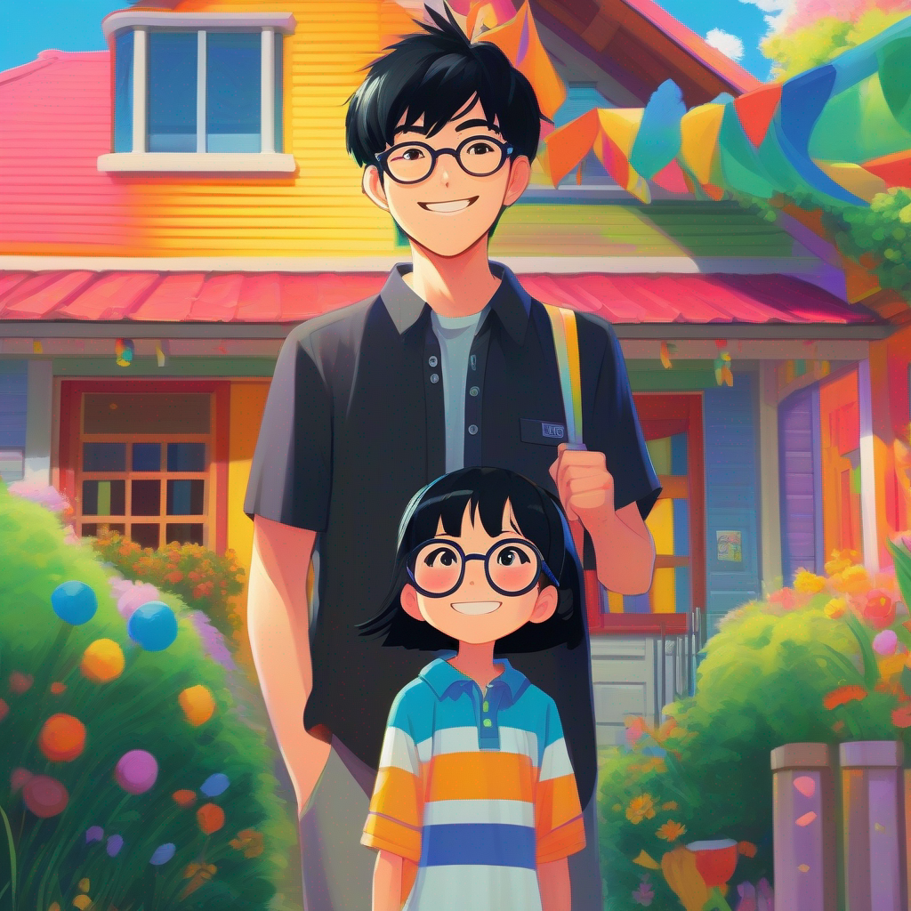 Black hair, glasses, anime-themed shirt, joyful expression standing proudly in front of a colorful house, his parents beside him