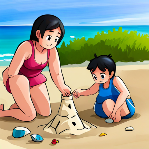 Nadia is a teenage girl with long brown hair and a pink swimsuit and Samer is Nadia's friend, a boy with short black hair and blue swim trunks building sandcastle and collecting seashells