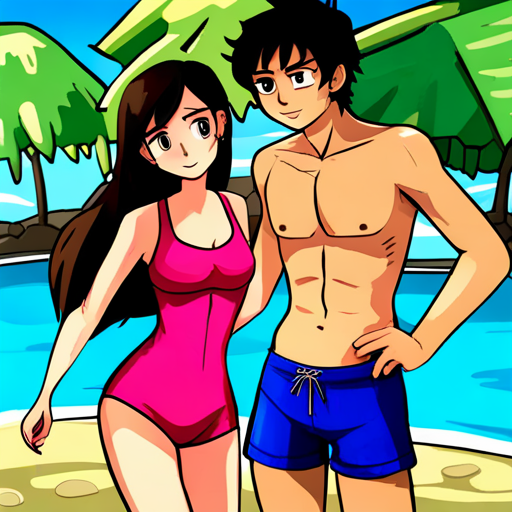 Nadia is a teenage girl with long brown hair and a pink swimsuit, Samer is Nadia's friend, a boy with short black hair and blue swim trunks, and evil girl found friendship