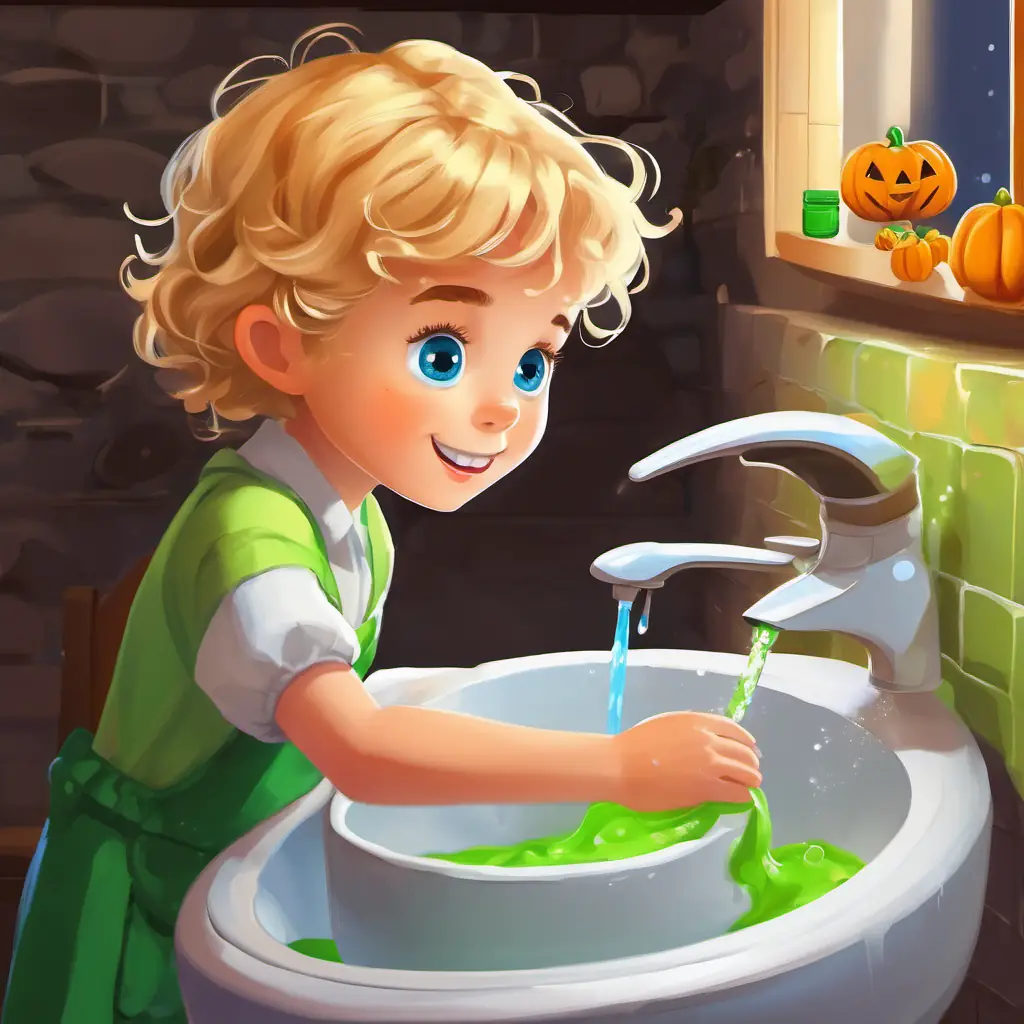 Lily is a little girl with curly brown hair and bright blue eyes visiting Timmy is a little boy with short blonde hair and sparkling green eyes, giving him soap, and teaching him to wash hands