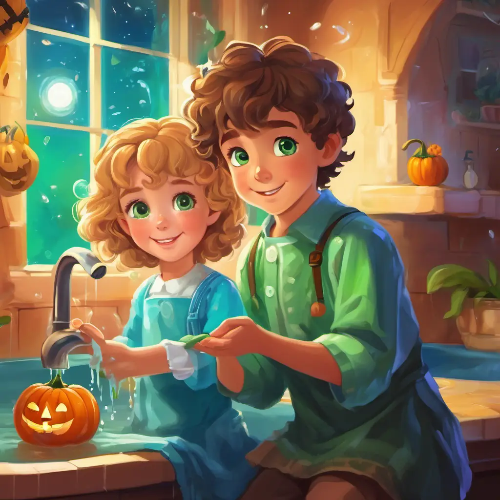 Lily is a little girl with curly brown hair and bright blue eyes and Timmy is a little boy with short blonde hair and sparkling green eyes washing hands together, practicing good hygiene