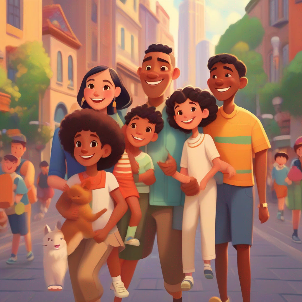 A happy family with diverse skin colors in a lively city