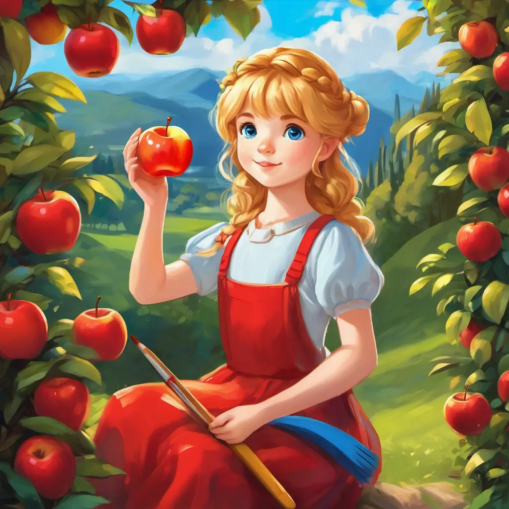 Little Luīze has fair skin, sparkling blue eyes, and golden hair holding a red paintbrush and painting a bright red apple. A yellow paintbrush is ready next to her.