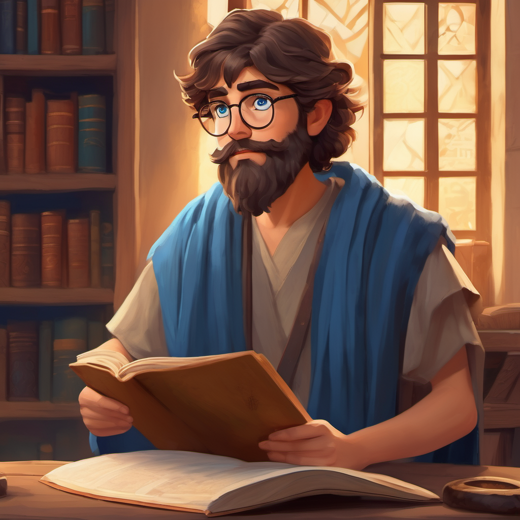 Curious kid with brown hair and glasses, always eager to learn learns from Wise philosopher in ancient Greece with fair skin, blue eyes, and a long beard, a wise philosopher in ancient Greece