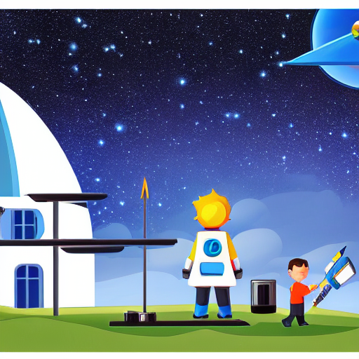 The page depicts a young boy standing on a launchpad, looking up at a spaceship in the sky. Around him are scientists, technicians, and reporters taking pictures and documenting the event.