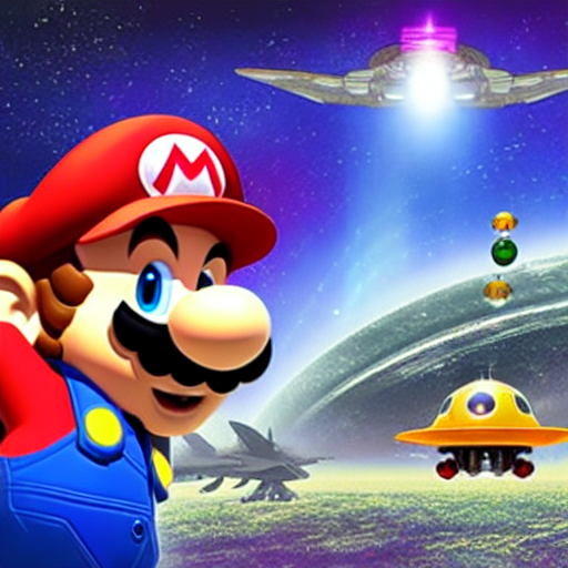 The page illustrates Mario's spaceship parked on an alien planet, surrounded by bizarre looking creatures with long slender limbs. They are standing around his spaceship, their eyes fixated on Mario, who is peeking out from the cockpit.