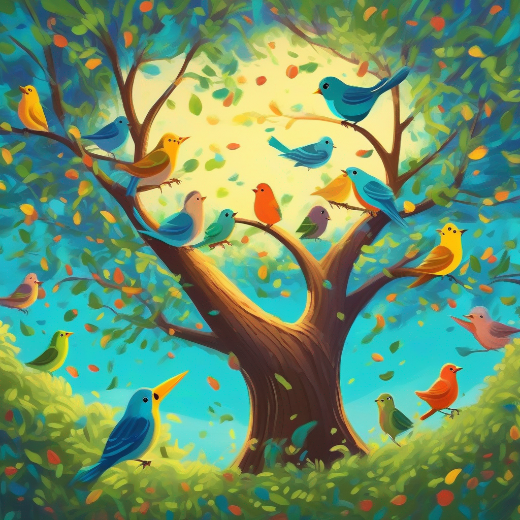 Birds hopping from tree to tree and singing songs