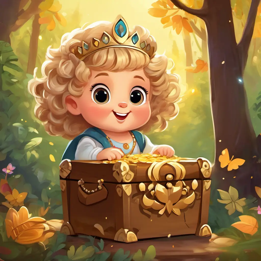 Caucasian female toddler with dirty blonde curly hair, cheeky grin, contagious laugh and Wise owl with soft feathers, big round eyes, and a gentle voice reaching the heart of the forest, finding a glowing treasure chest with a magical crown, Caucasian female toddler with dirty blonde curly hair, cheeky grin, contagious laugh wearing the crown and making a wish.