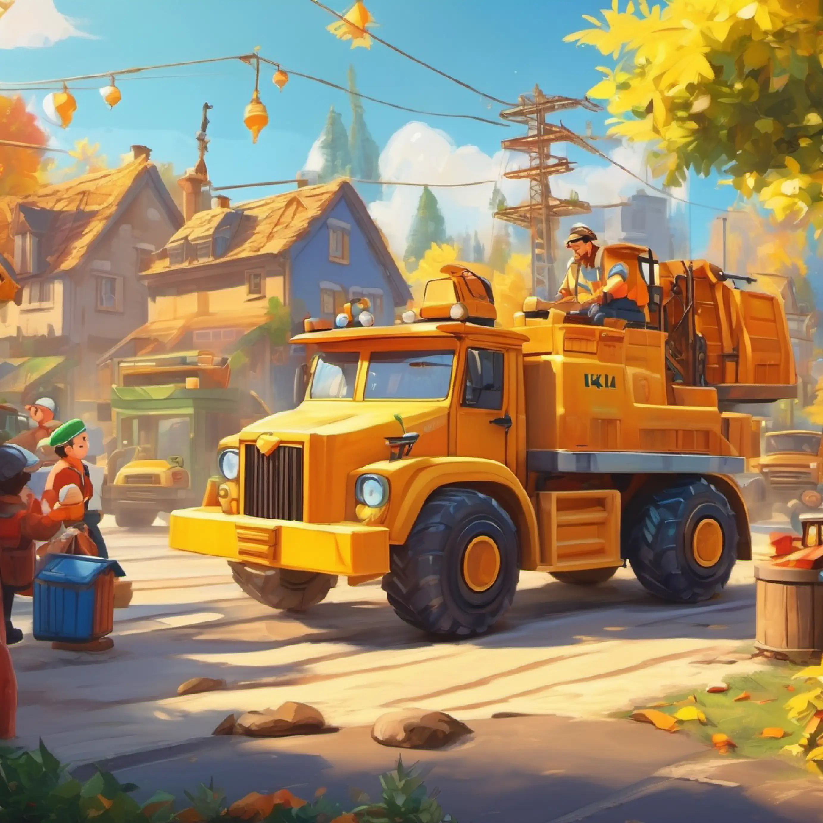 Introducing characters, construction vehicles, sunny morning