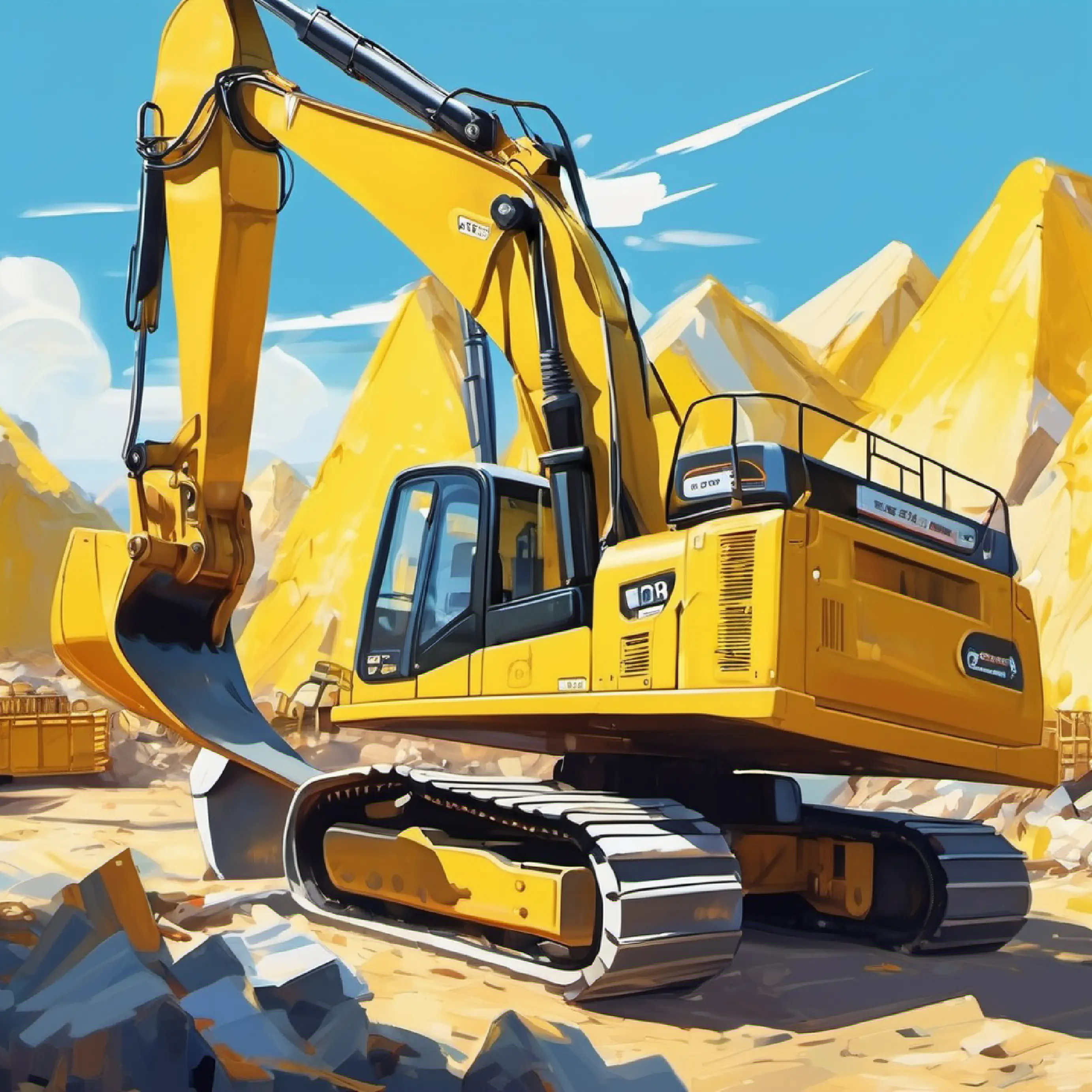 Large excavator, yellow with big arm, smiling eyes working, excavating, sunny construction site