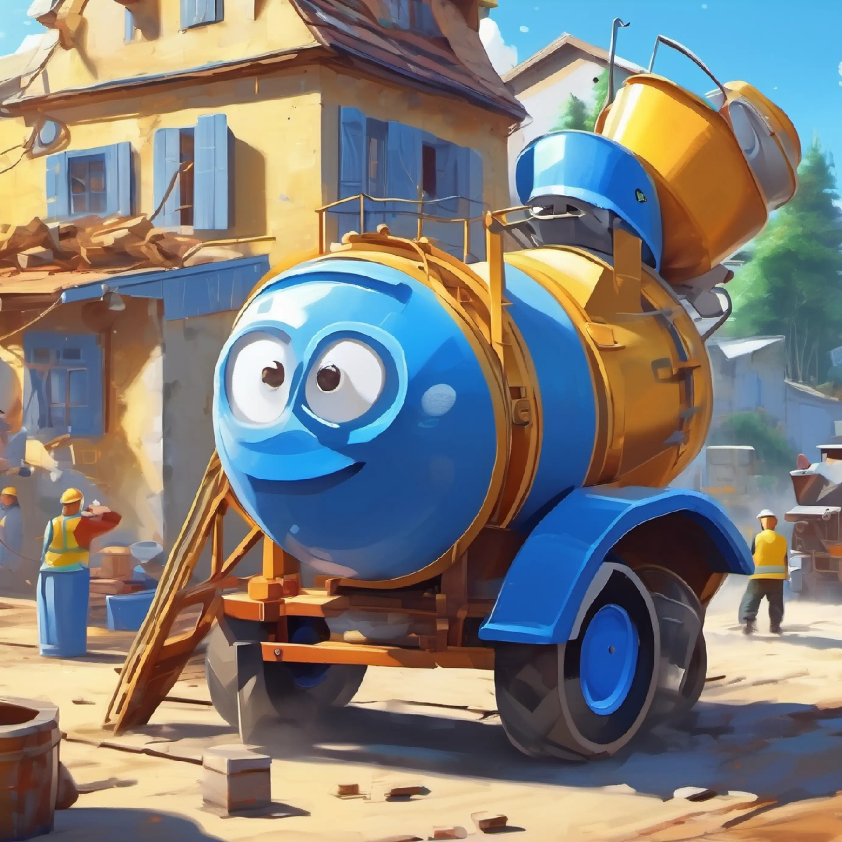 Clever cement mixer, blue, constantly spinning, bright-eyed working, mixing cement, sunny construction environment