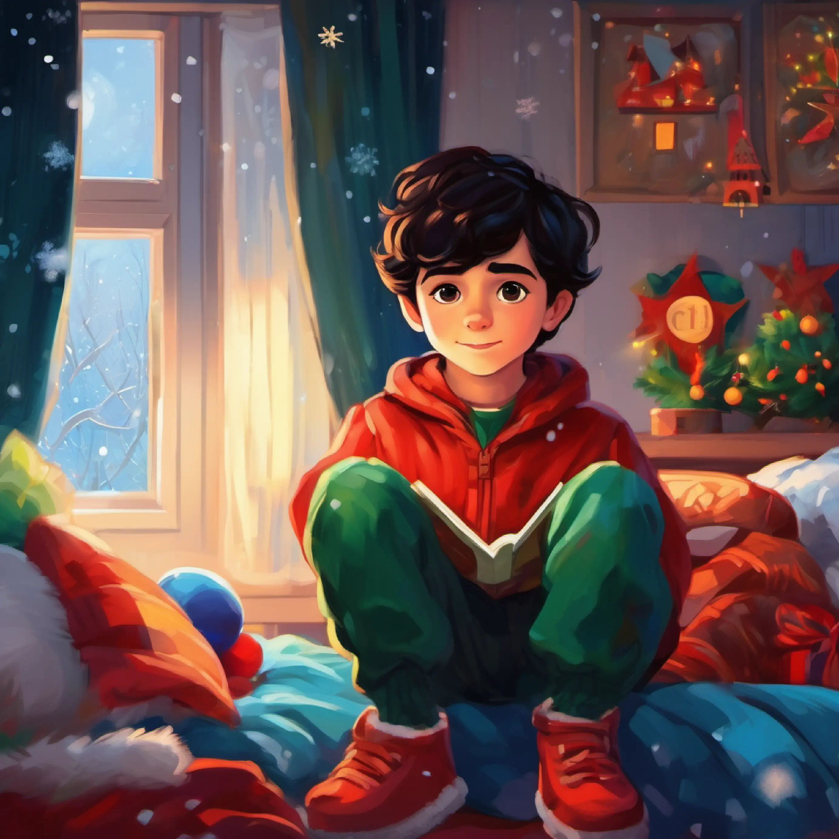 Introduction to Little boy, dark hair, dark eyes, wears bright clothing, a boy with dark features, in his bedroom.