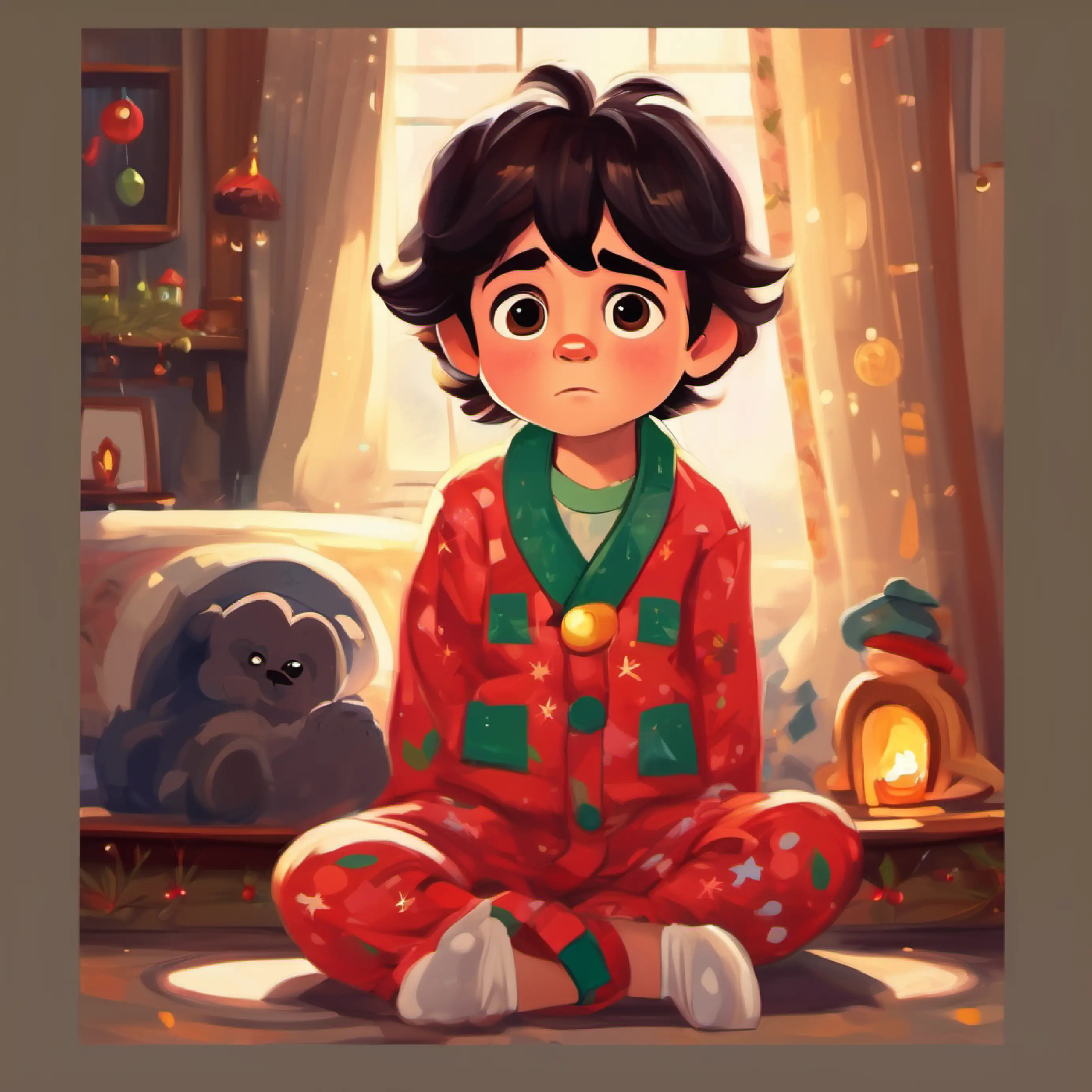 Little boy, dark hair, dark eyes, wears bright clothing grumpy in his pajamas, not wanting to change clothes.