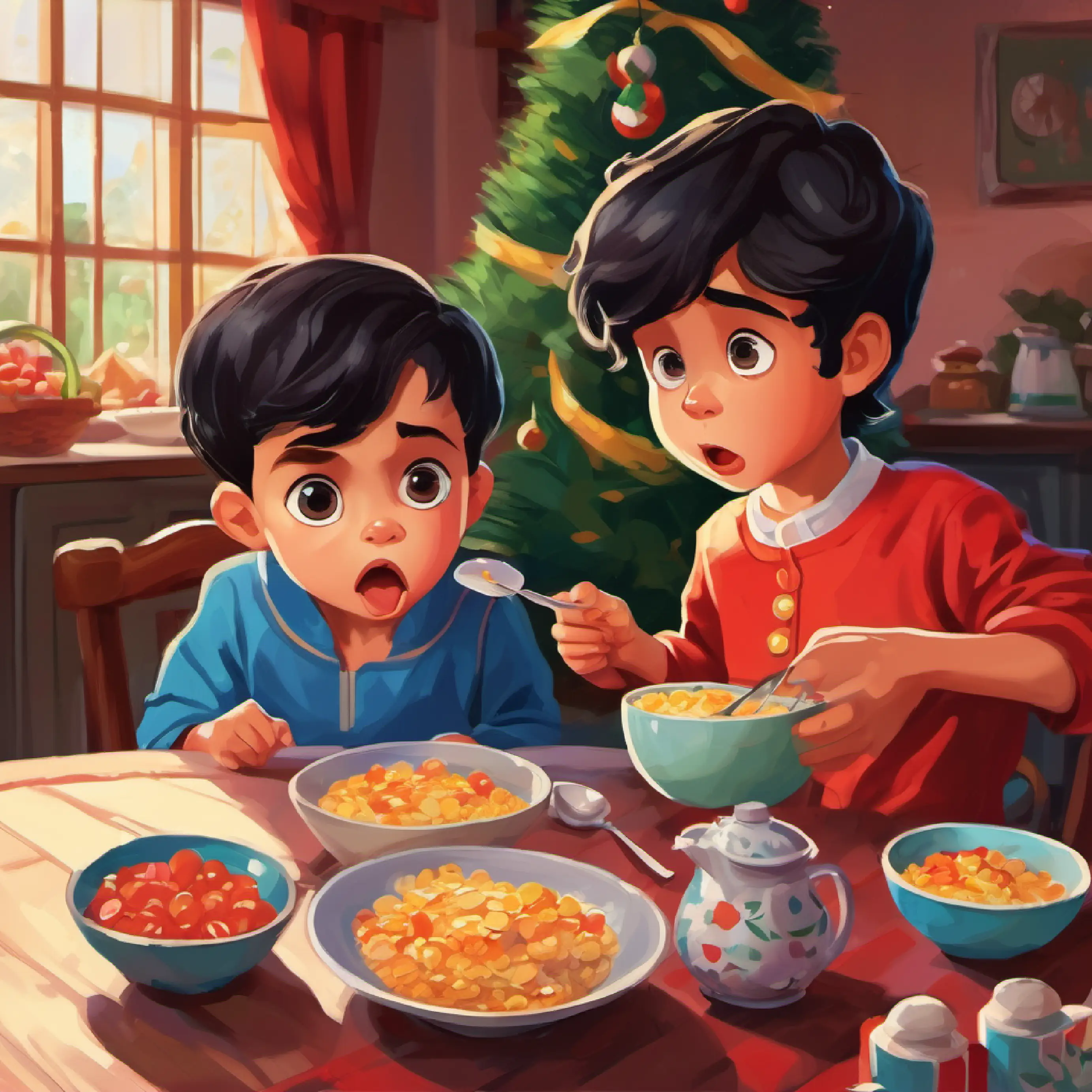 Little boy, dark hair, dark eyes, wears bright clothing's sister eating cereal; Little boy, dark hair, dark eyes, wears bright clothing is angry at the breakfast table.