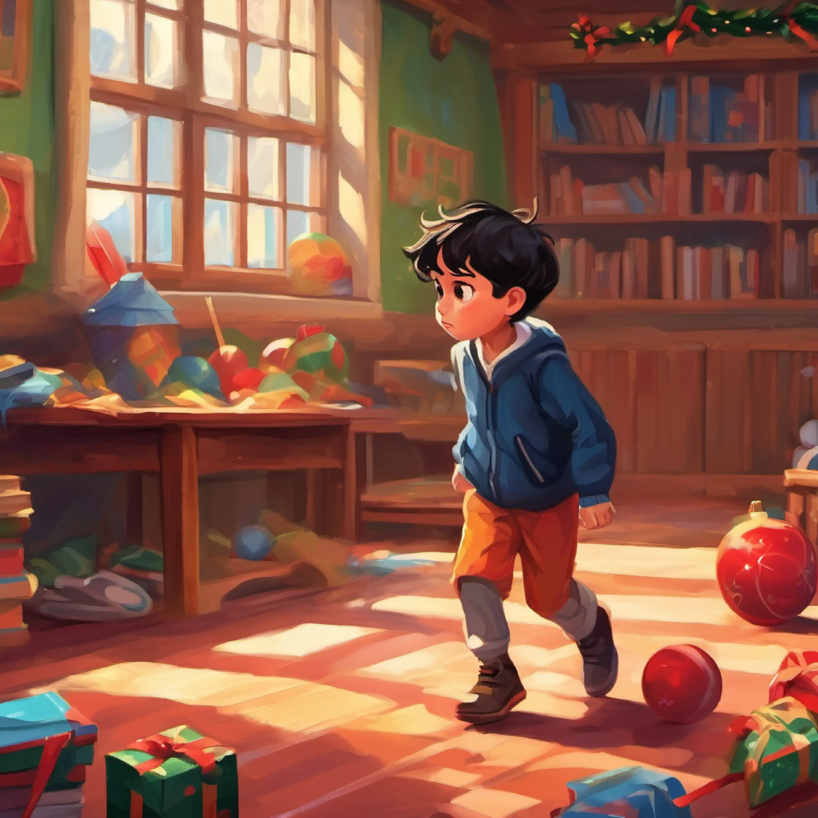 Little boy, dark hair, dark eyes, wears bright clothing upset at school, kicking an object in frustration.