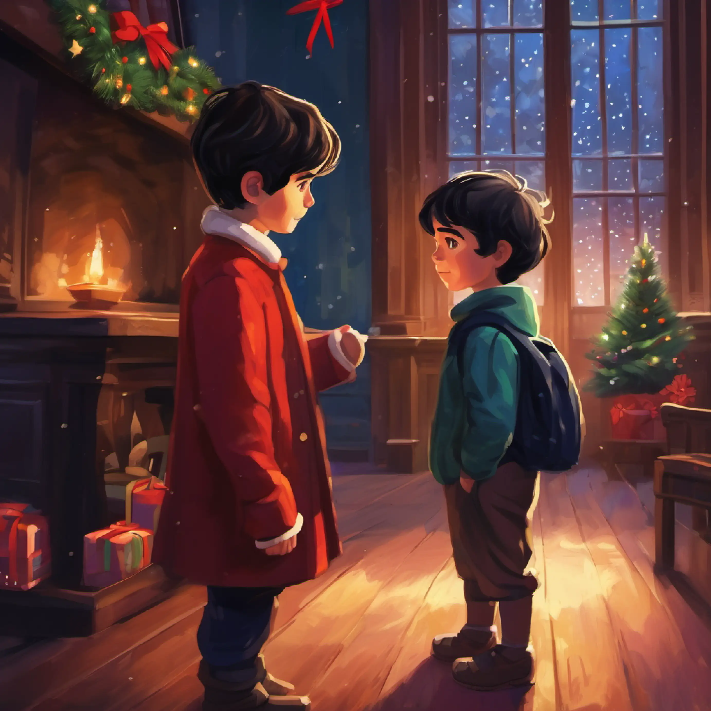 A confessional moment between Little boy, dark hair, dark eyes, wears bright clothing and his teacher.