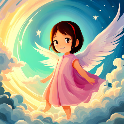 A little angel with pink wings and a halo flying through the sky with a smile