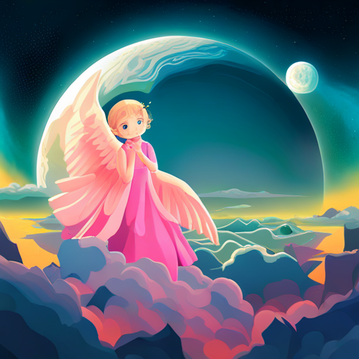 A little angel with pink wings and a halo with a green and blue planet full of life