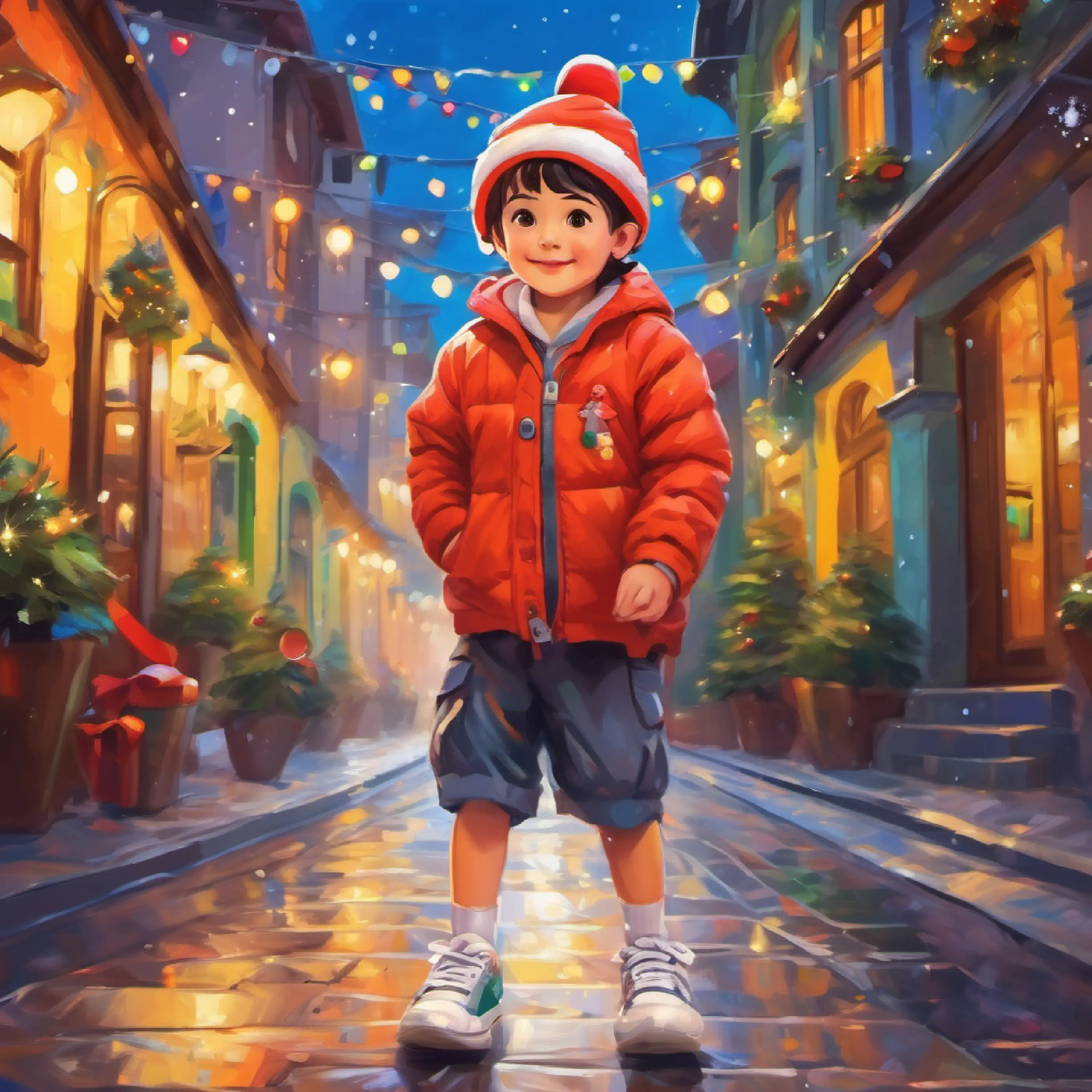 Introducing Child with joyful eyes, wears colorful clothes and sneakers in a vibrant town.
