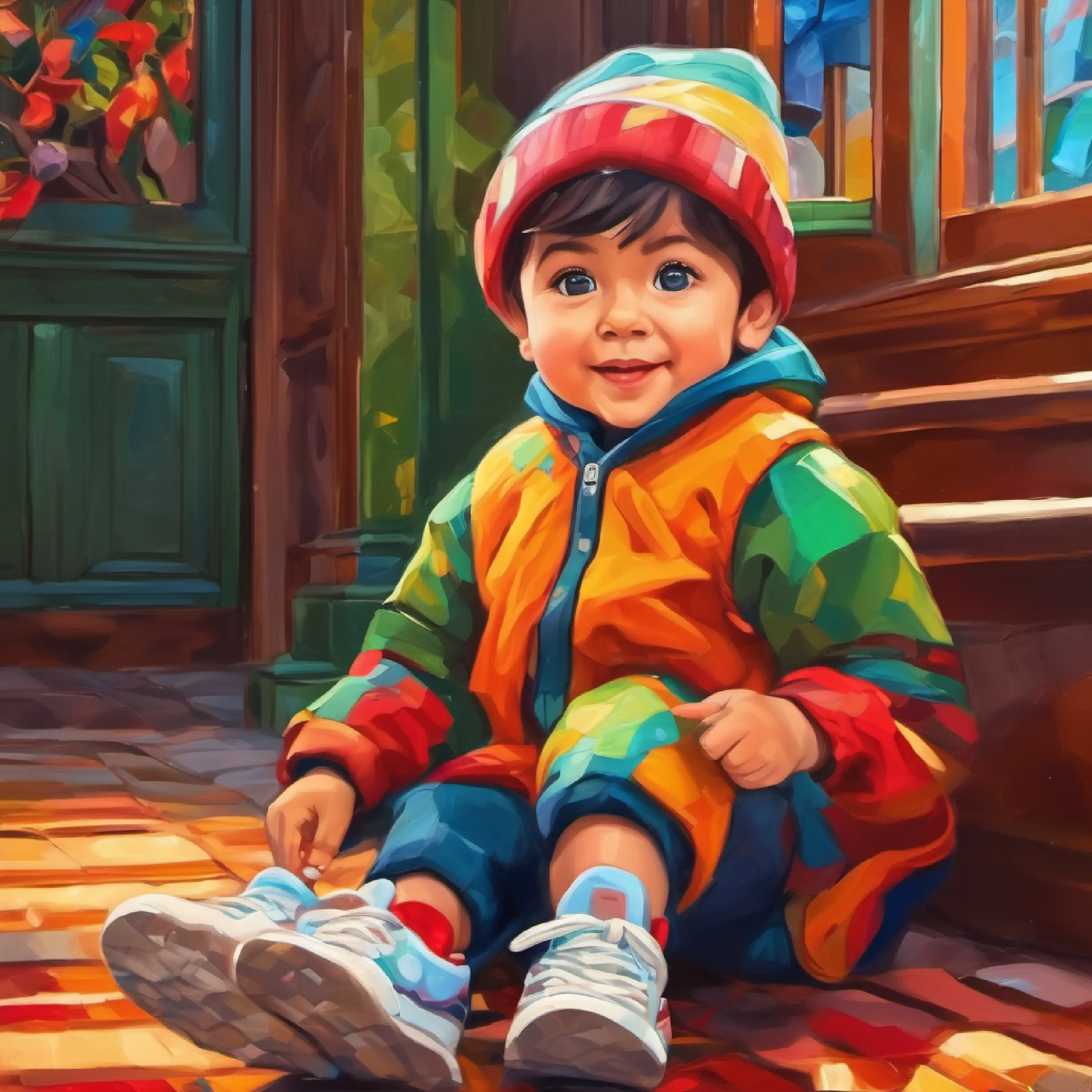 Child with joyful eyes, wears colorful clothes and sneakers's acceptance of personal identity mirrored in history.