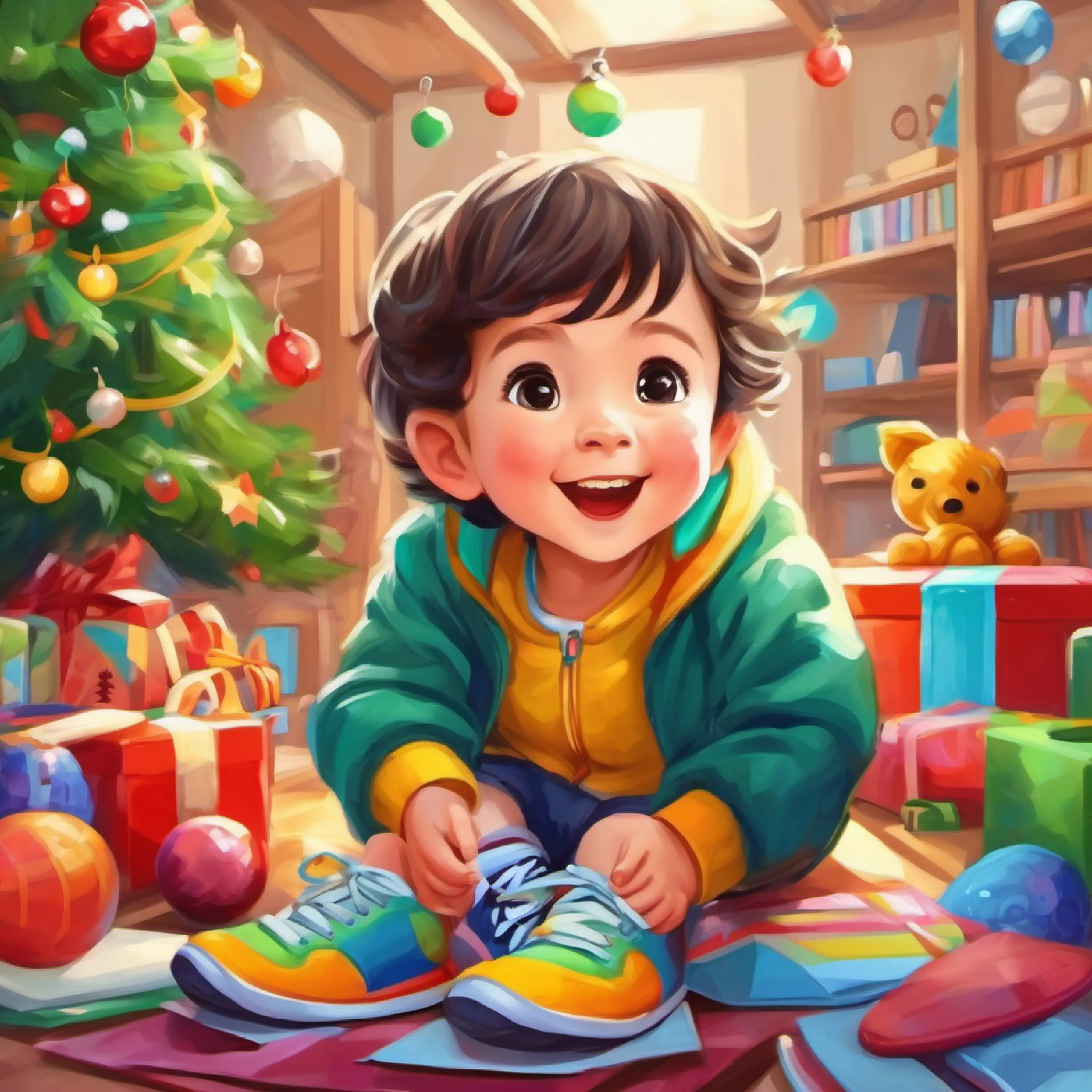 Child with joyful eyes, wears colorful clothes and sneakers enjoys a variety of toys at school.