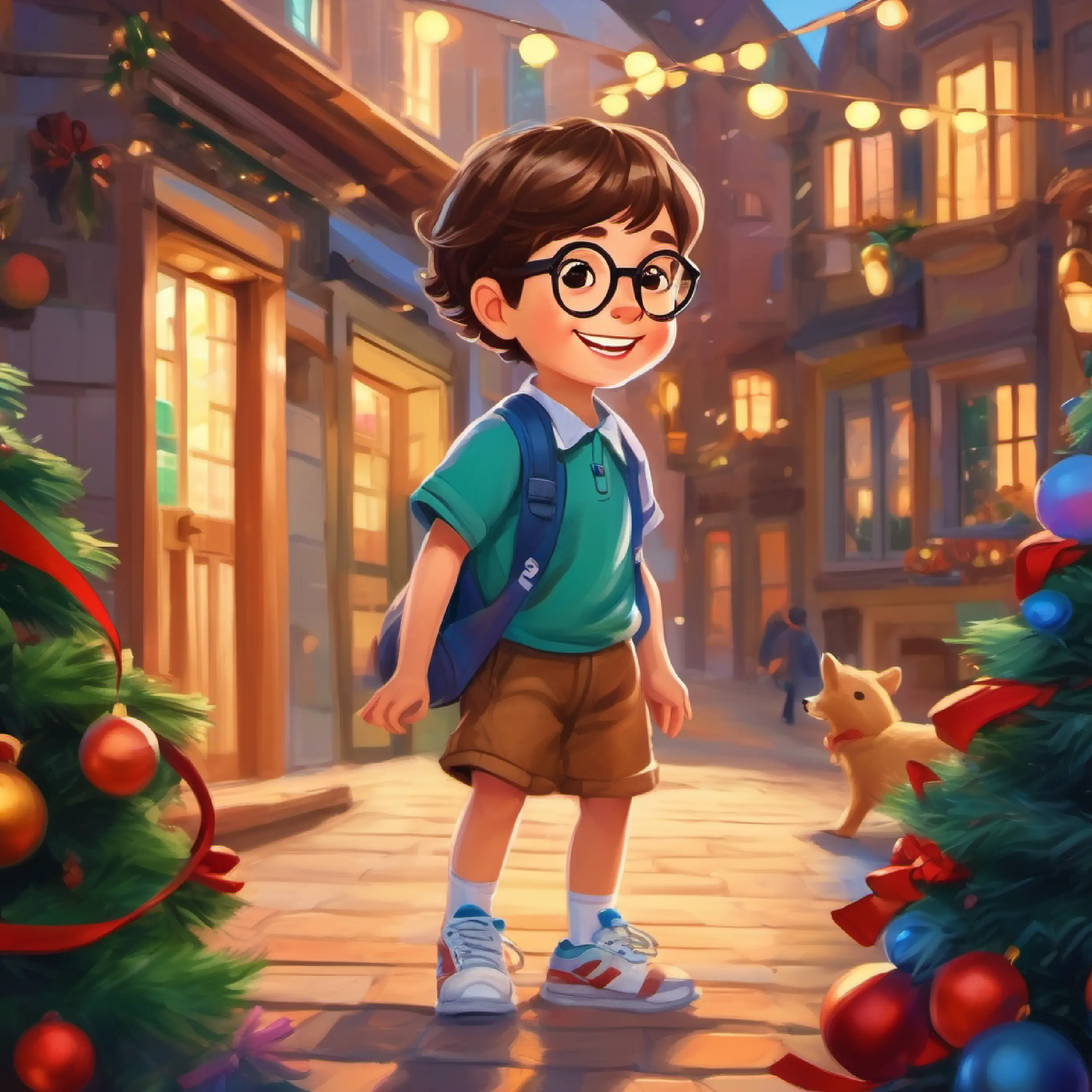 Supportive friend, short brown hair, wide smile, wears glasses supports Child with joyful eyes, wears colorful clothes and sneakers's choices, highlights friendship.