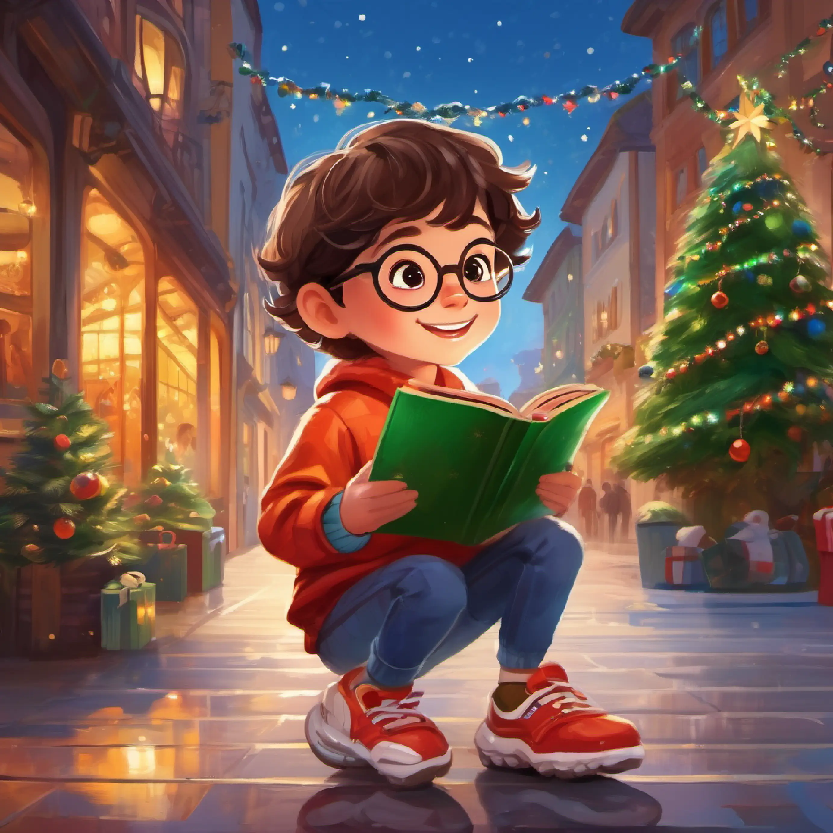 Child with joyful eyes, wears colorful clothes and sneakers and Supportive friend, short brown hair, wide smile, wears glasses reading about heroes with diverse traits.