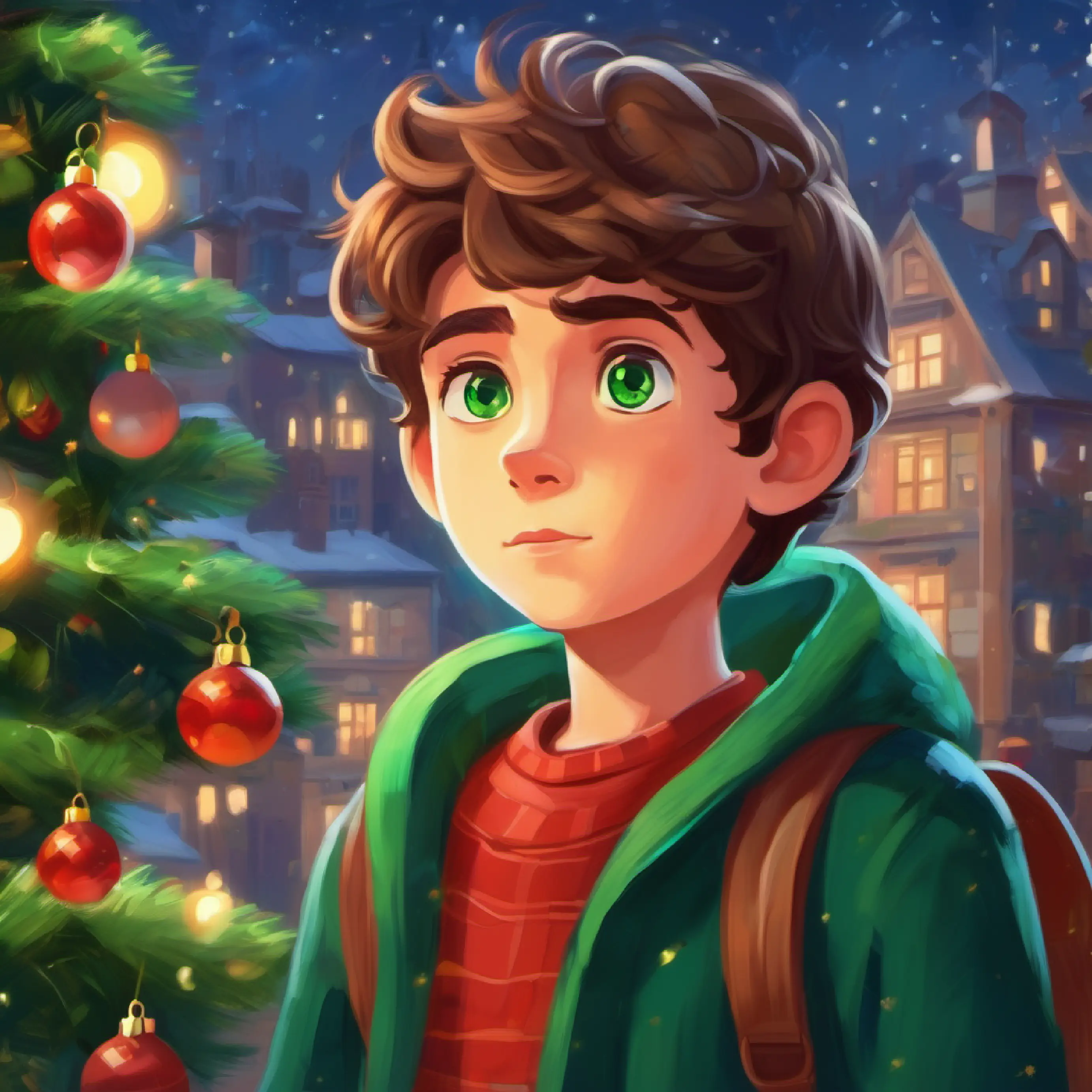 Curious boy with green eyes, friendly and open-minded, the protagonist, observes his friends' sadness.