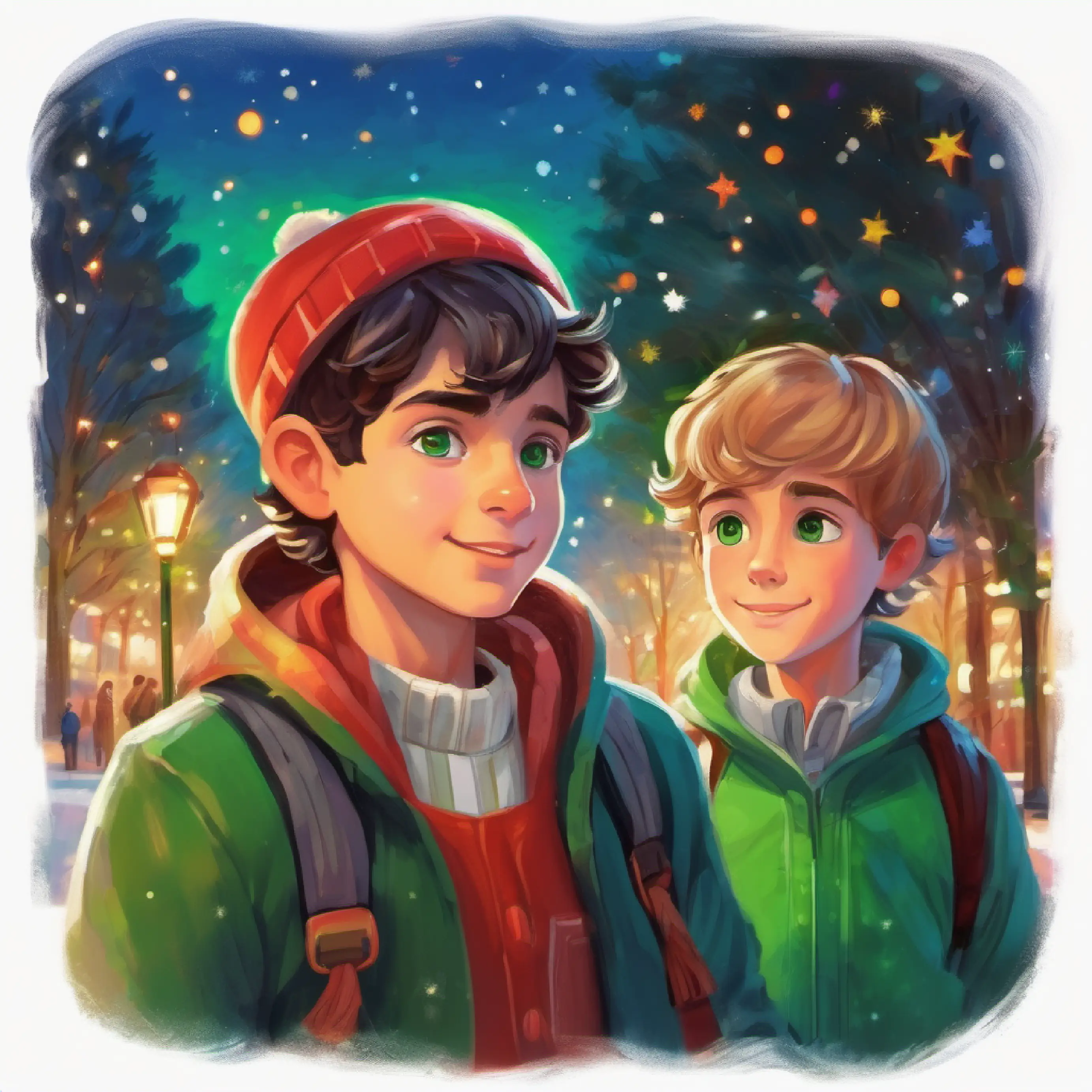 Curious boy with green eyes, friendly and open-minded expresses his friendship to Transgender boy with hopeful eyes, seeking acceptance in the park.