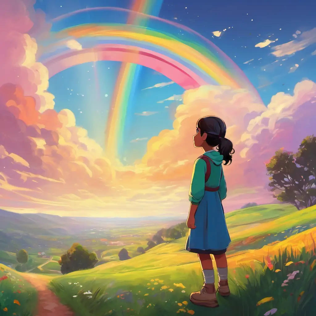 A young Muslim girl with dark hair and bright eyes is standing outside, looking up at a colorful rainbow in the sky.