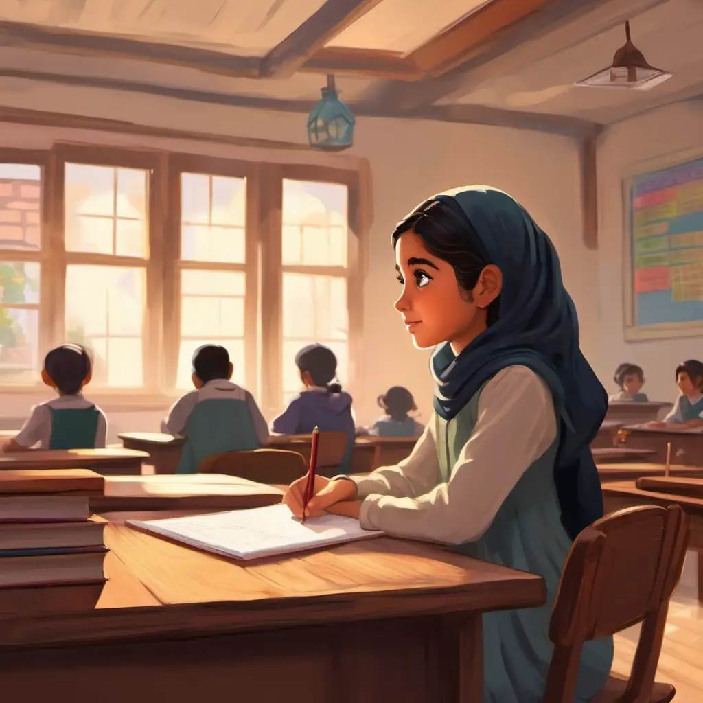 A young Muslim girl with dark hair and bright eyes is sitting at her desk in the classroom, listening attentively to her teacher.