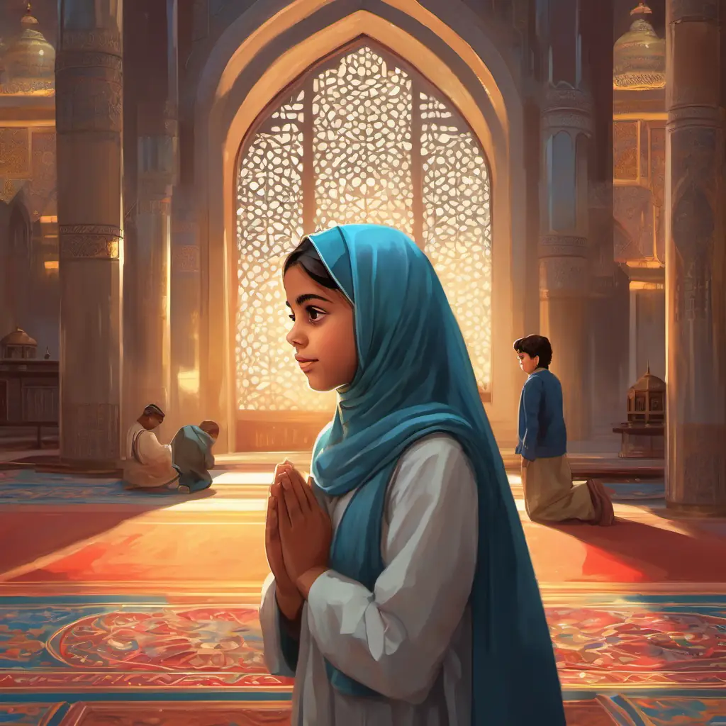 A young Muslim girl with dark hair and bright eyes is inside the mosque with her parents, praying and expressing gratitude.