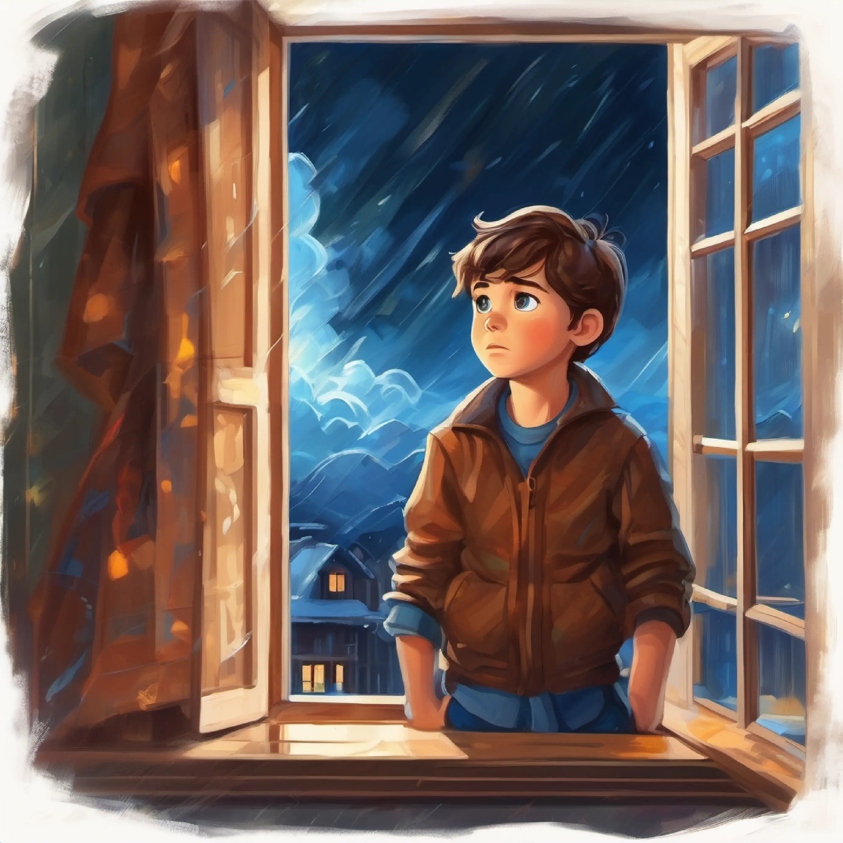 Young boy, adventurous spirit, brown hair, blue eyes observes a storm from his window, worried and curious.