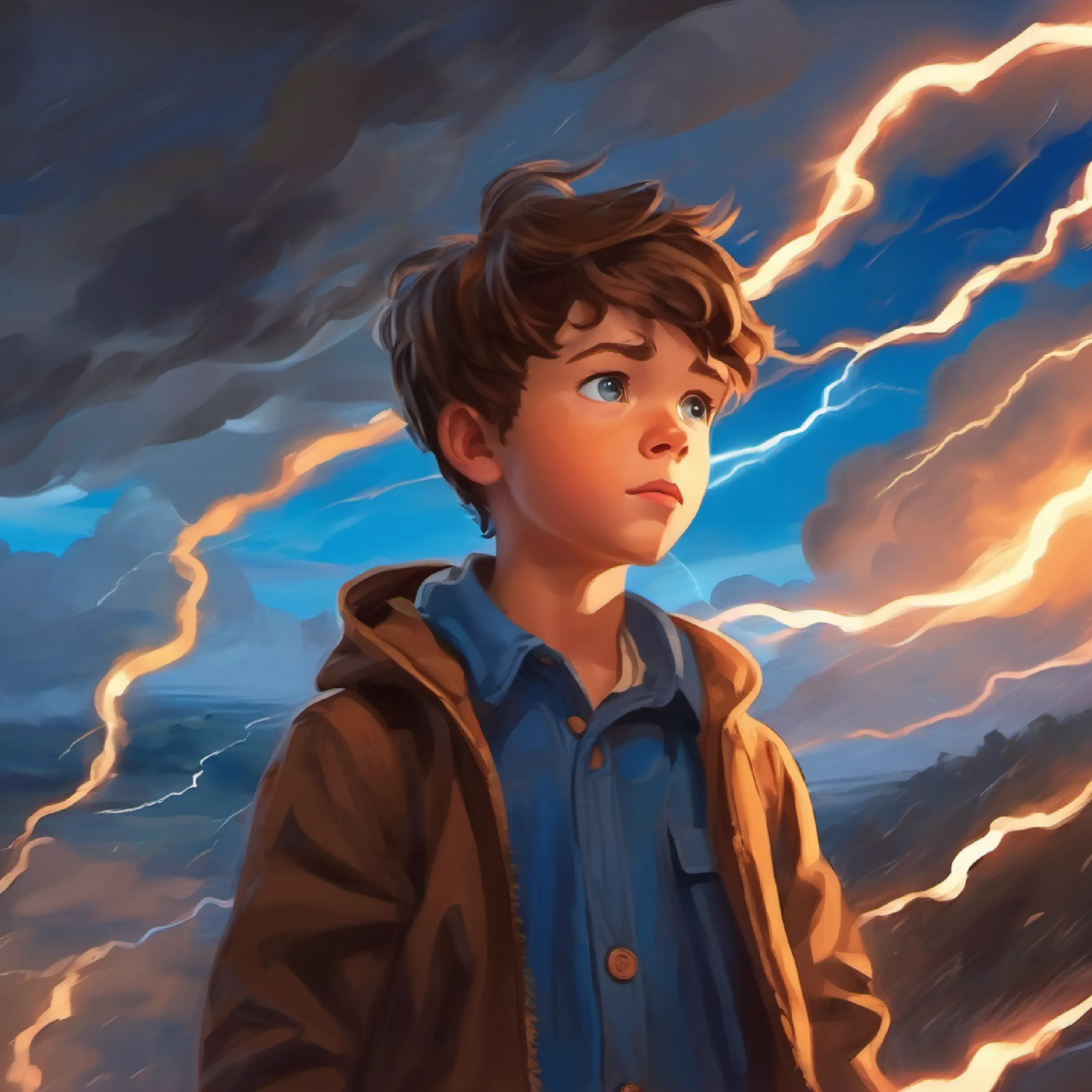 The storm intensifies; Young boy, adventurous spirit, brown hair, blue eyes is captivated by the thunder.