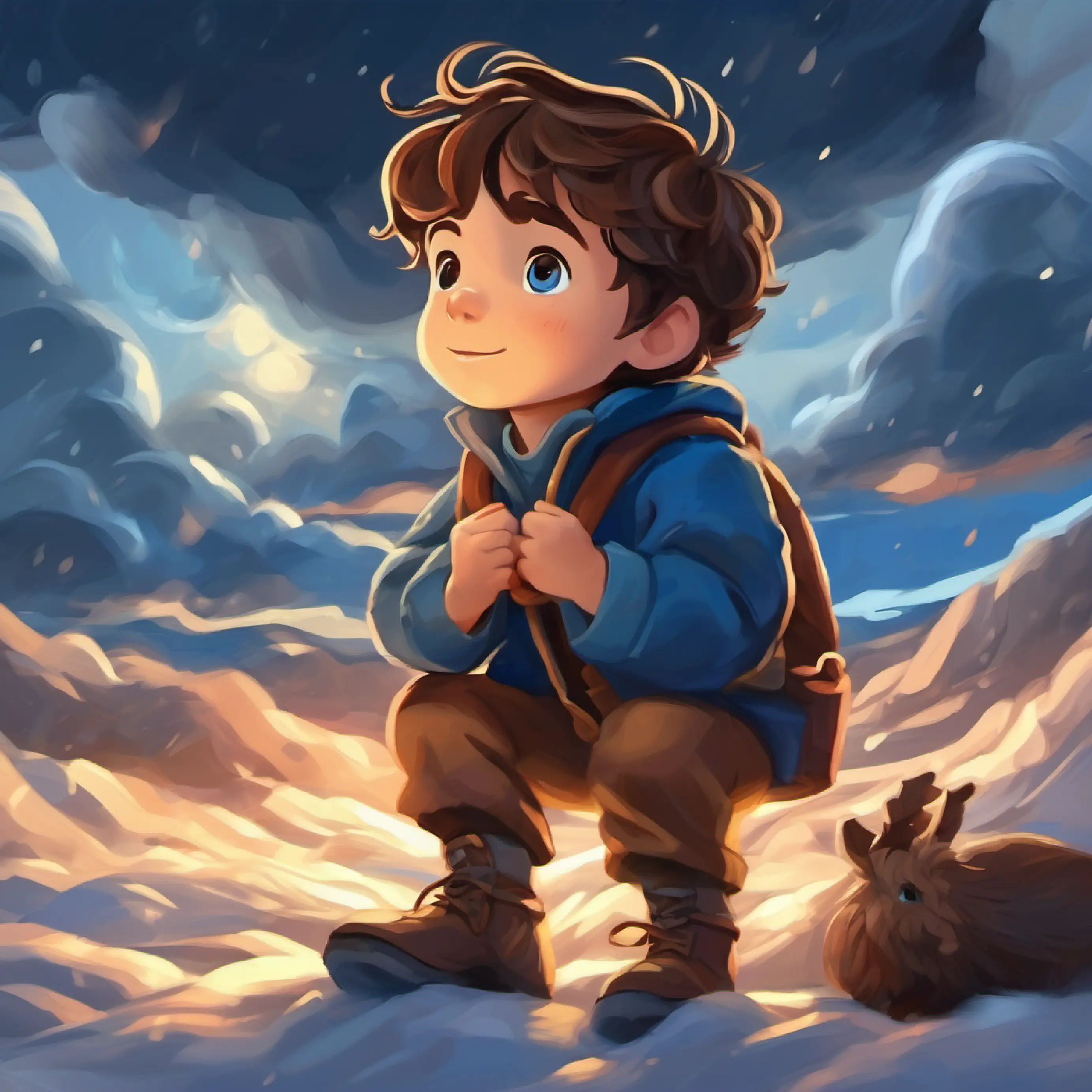 Young boy, adventurous spirit, brown hair, blue eyes calms the storm, bringing peace to the once raging sky.