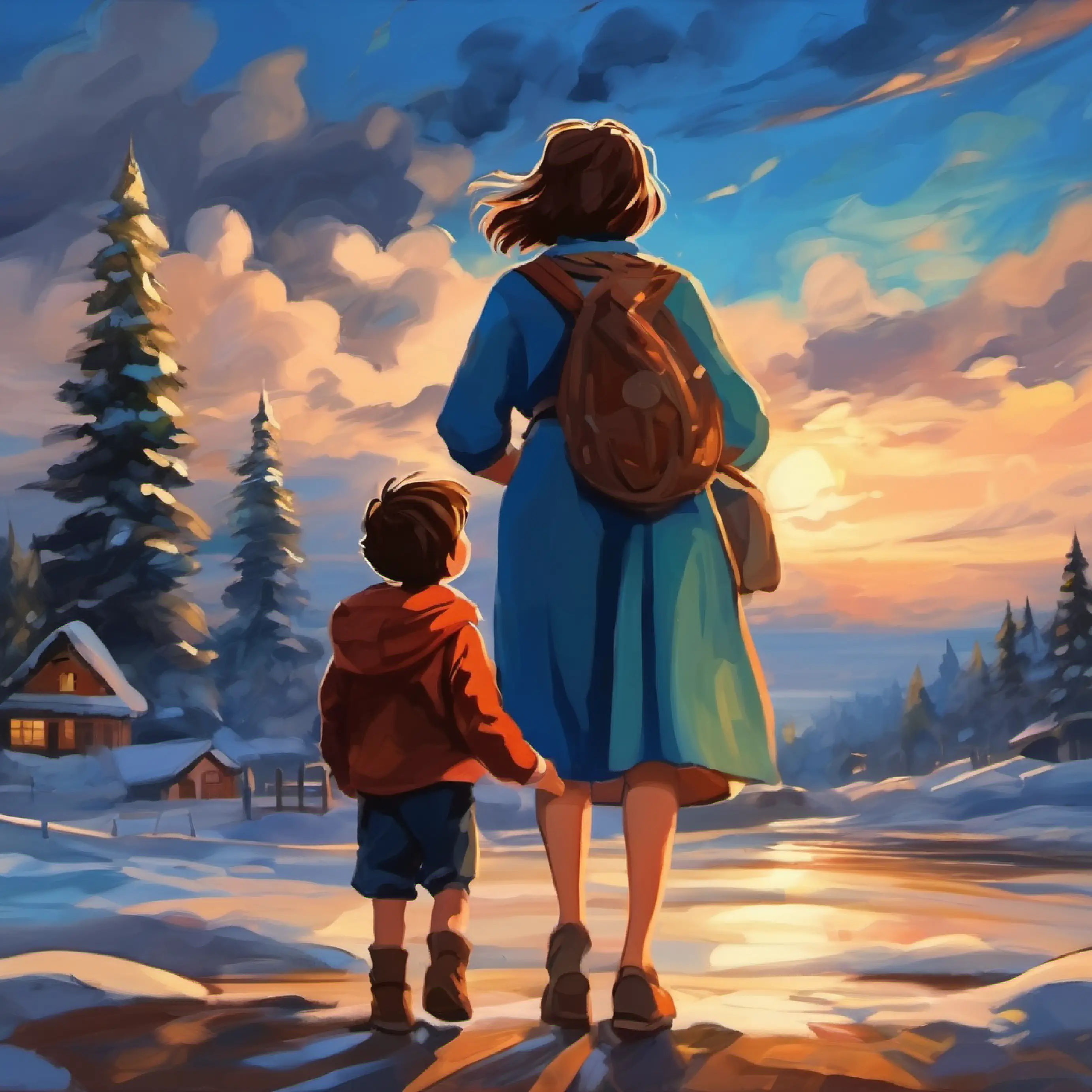 The storm abates, Young boy, adventurous spirit, brown hair, blue eyes reunites with his mother, watching the serene sky.