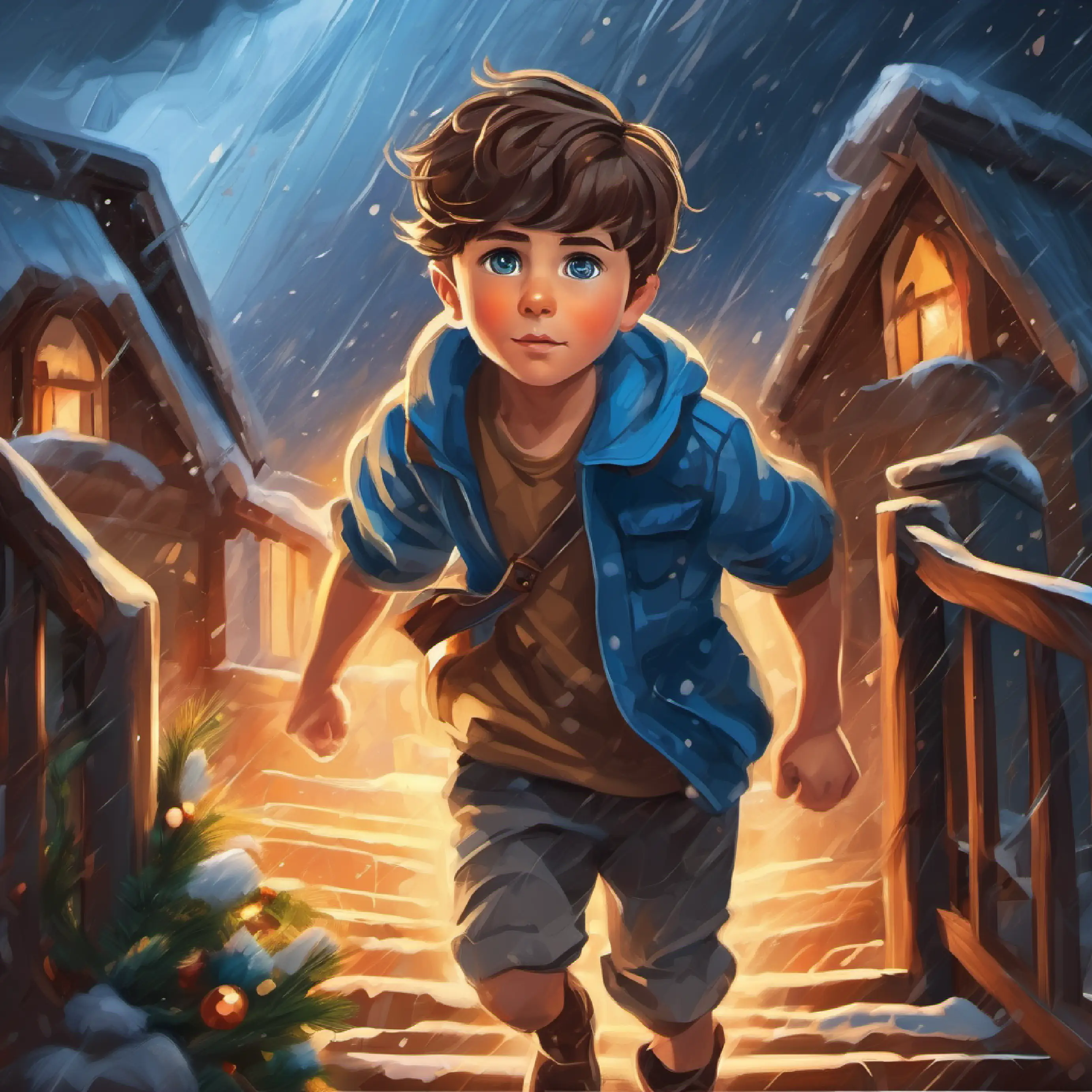 Young boy, adventurous spirit, brown hair, blue eyes steps outside, drawn to the power of the storm.
