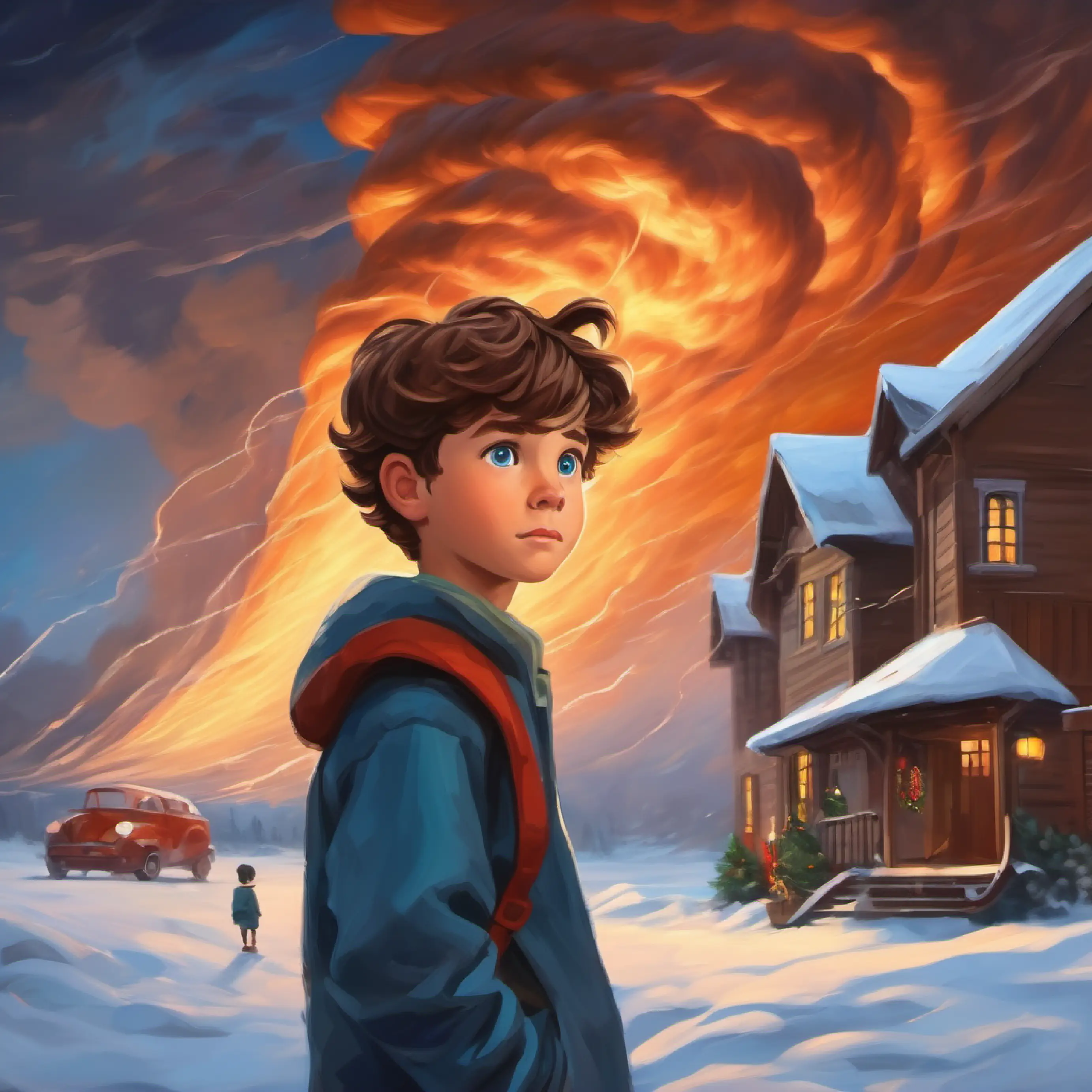 Young boy, adventurous spirit, brown hair, blue eyes ignores his mother's calls, mesmerized by the tornado.