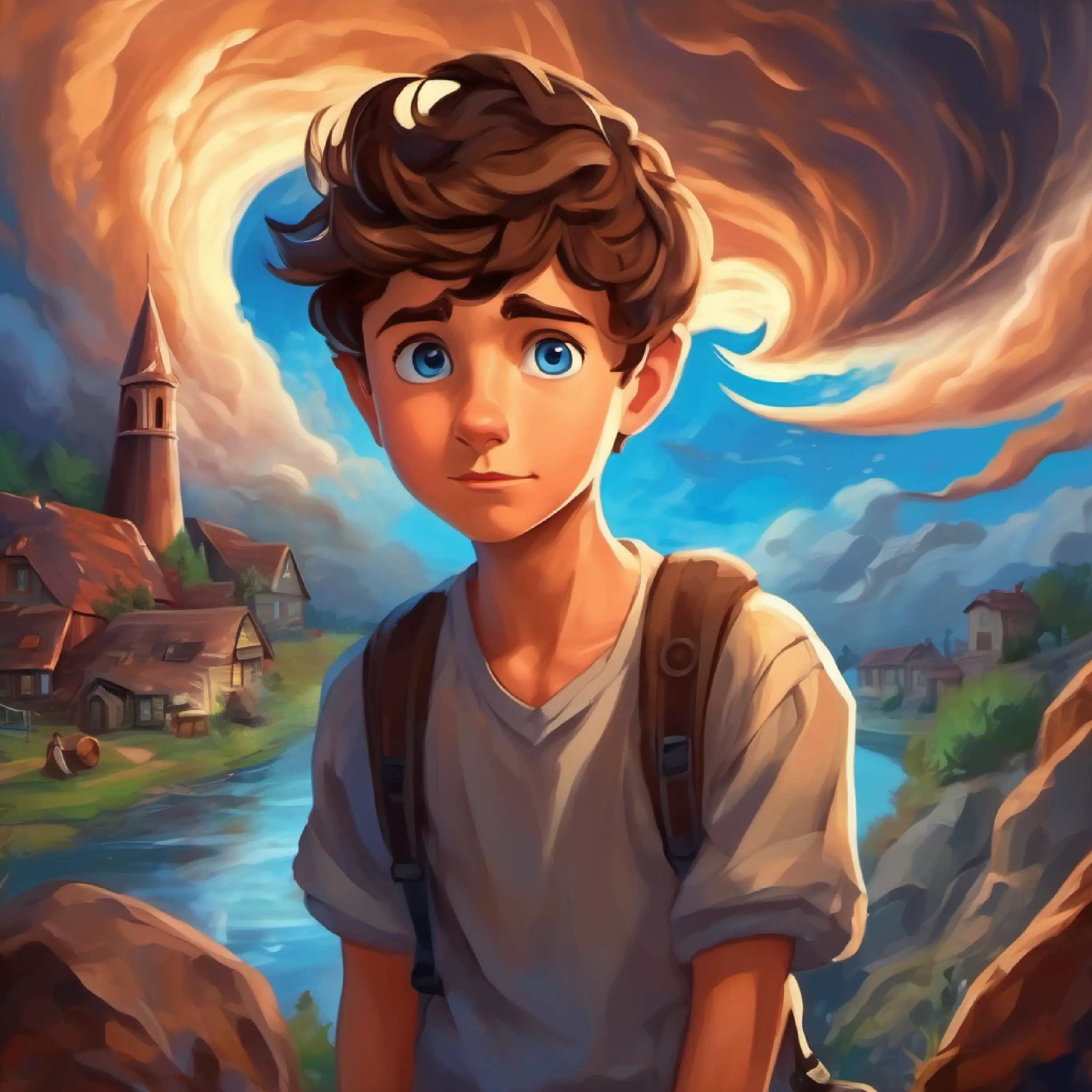 Young boy, adventurous spirit, brown hair, blue eyes communicates with the tornado, feeling a strange understanding.