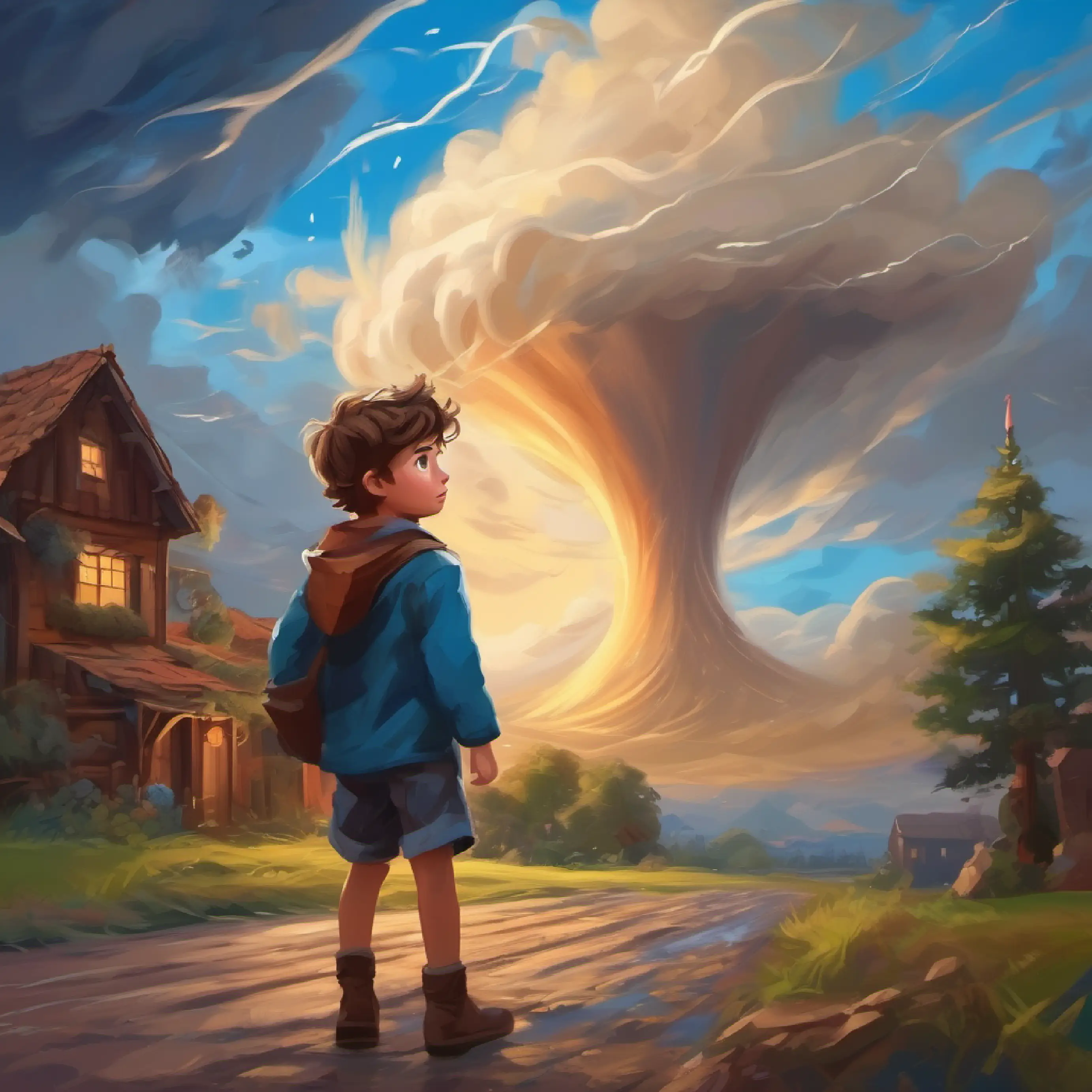 The tornado reveals Young boy, adventurous spirit, brown hair, blue eyes's destiny to be one with the storm.