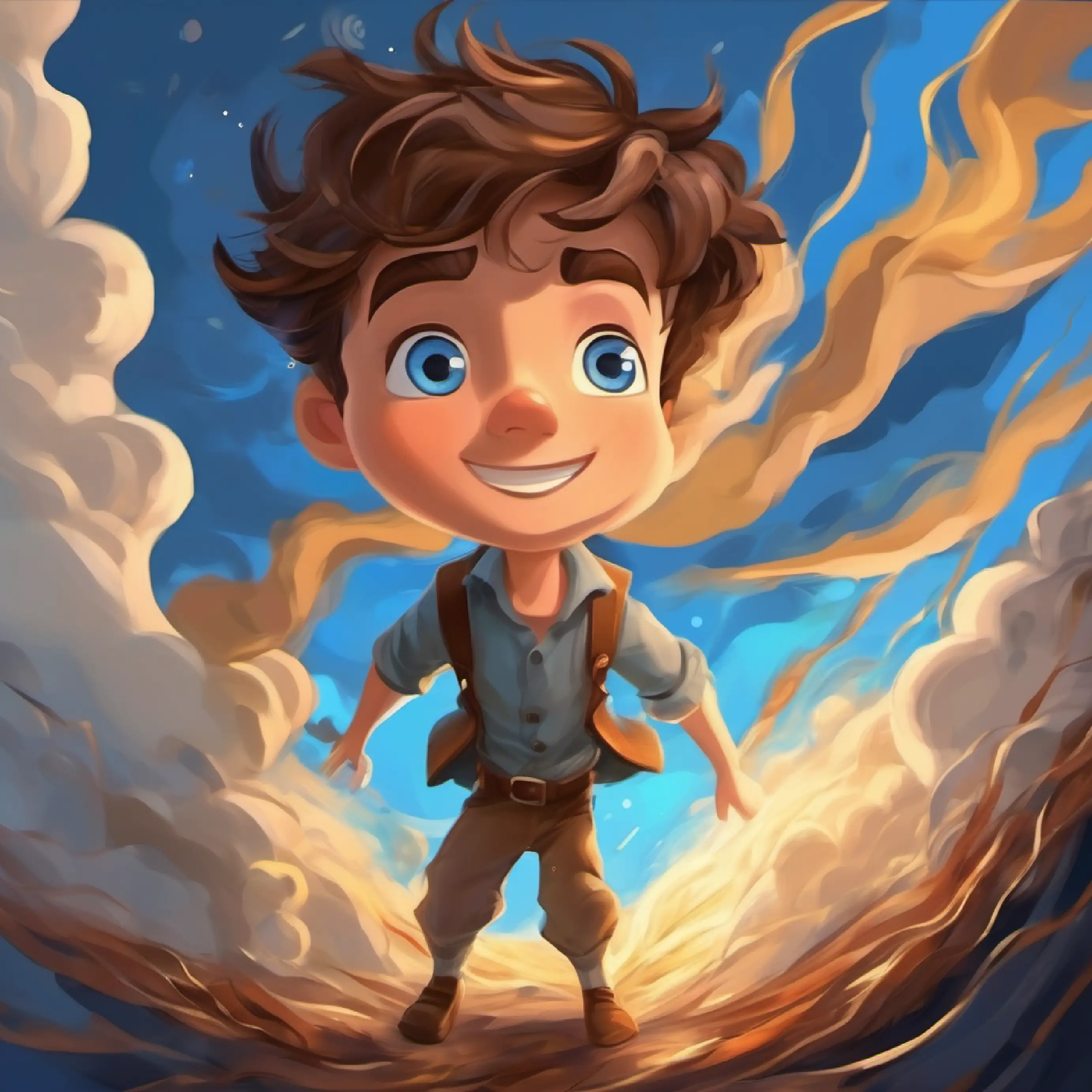 Young boy, adventurous spirit, brown hair, blue eyes bravely accepts his role and is lifted by the tornado.
